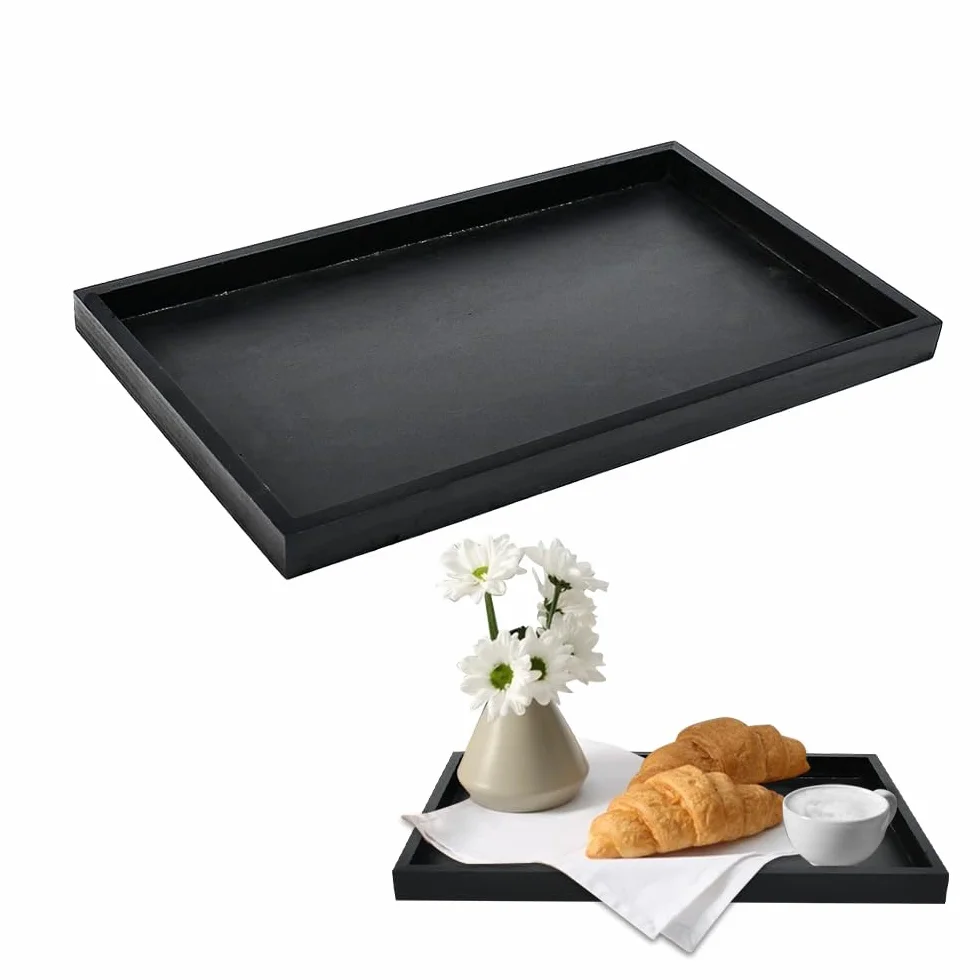 Vassoio da Portata Nero, Vassoio in Legno Nero, Vassoio Portaoggetti Rettangolare Moderno Vassoio Decorativo per Caffè, Snack e Frutta per Casa, Cucina, Bar e Ristorante, 32 x 20 x 2 cm