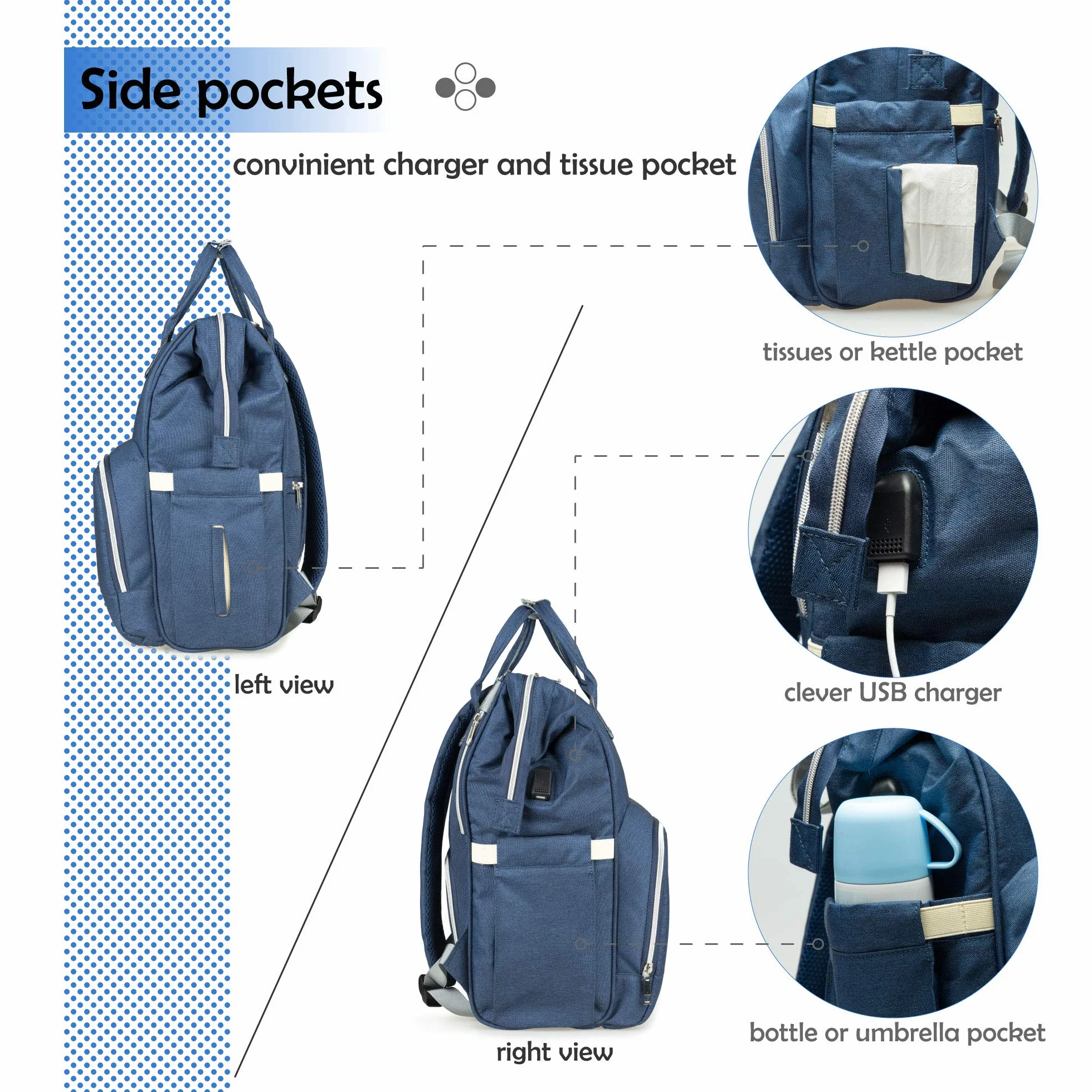 Zaino Mamma, Multifunzione Neonato Borsa con USB per Viaggio, Grande Capacit (Blu scuro)