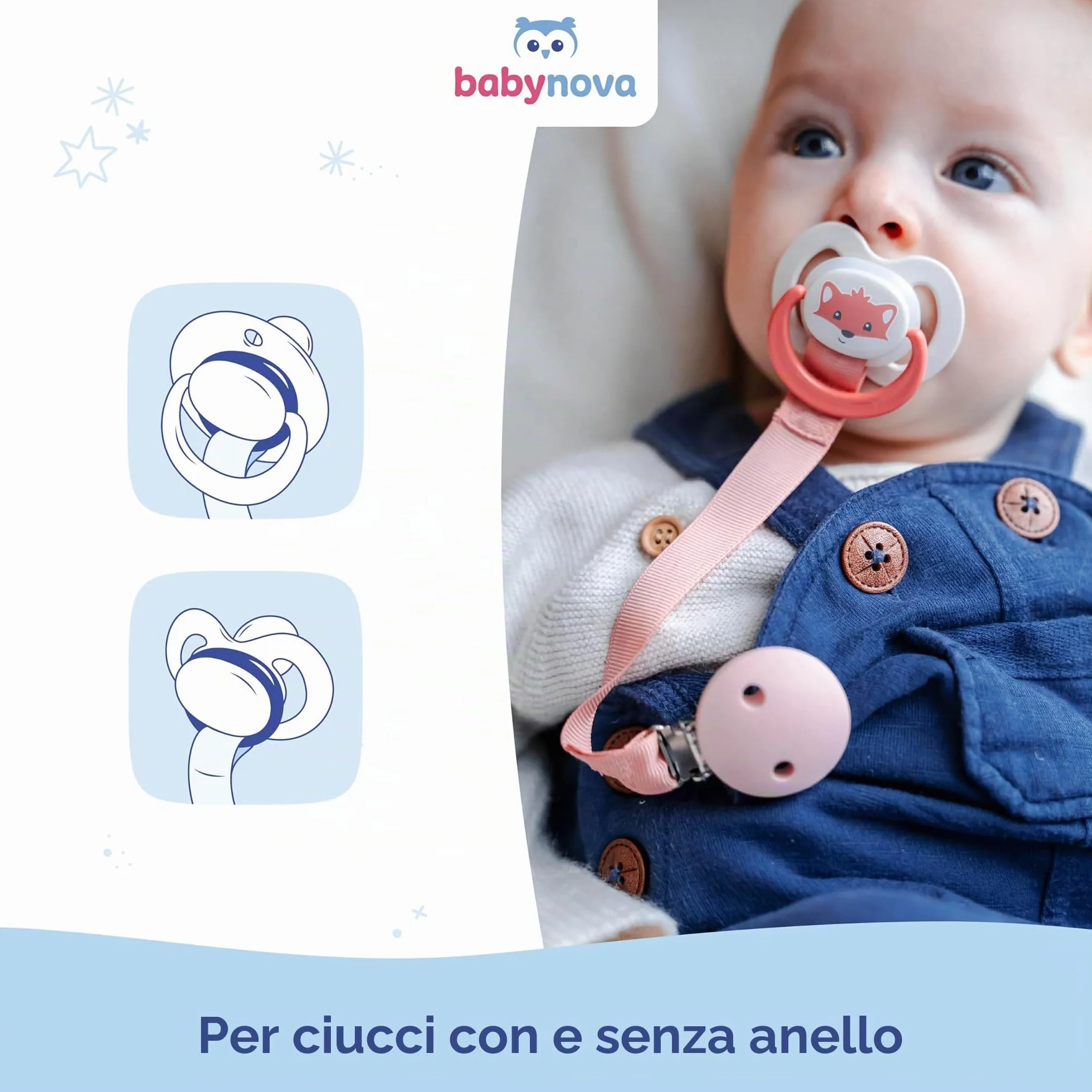 babynova Catenella portaciuccio con cinturino in tessuto, clip e anello in silicone – Portaciuccio per neonati – Adatto a qualsiasi ciuccio – Essenziale per neonati – Senza BPA – Blu