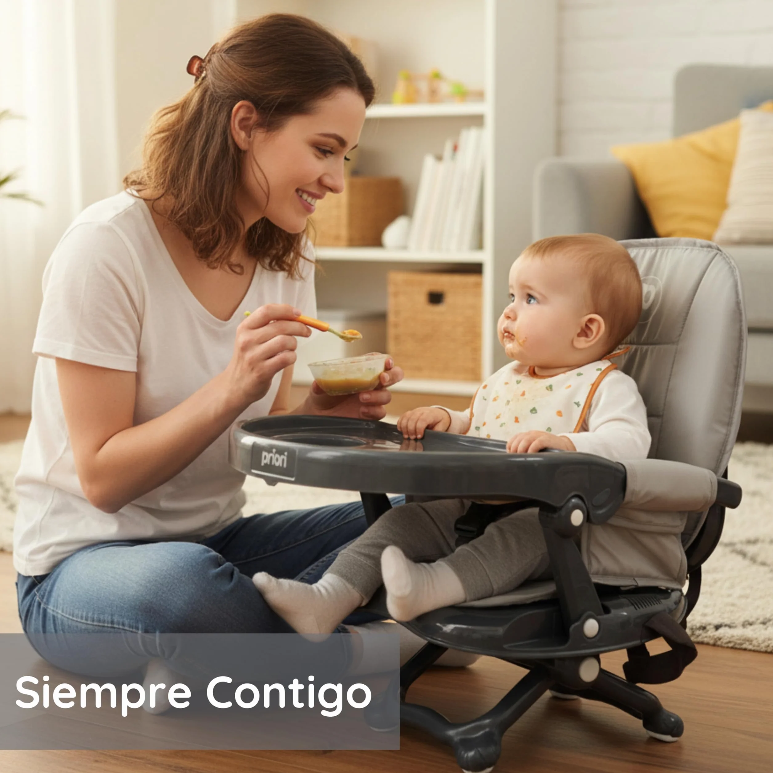 Priori Baby London Seggiolone portatile pieghevole per bambini con gambe ribellibili - Sedile sollevatore per mangiare con imbracatura a 3 punti, cinghie di sicurezza, copertura lavabile, leggera, per