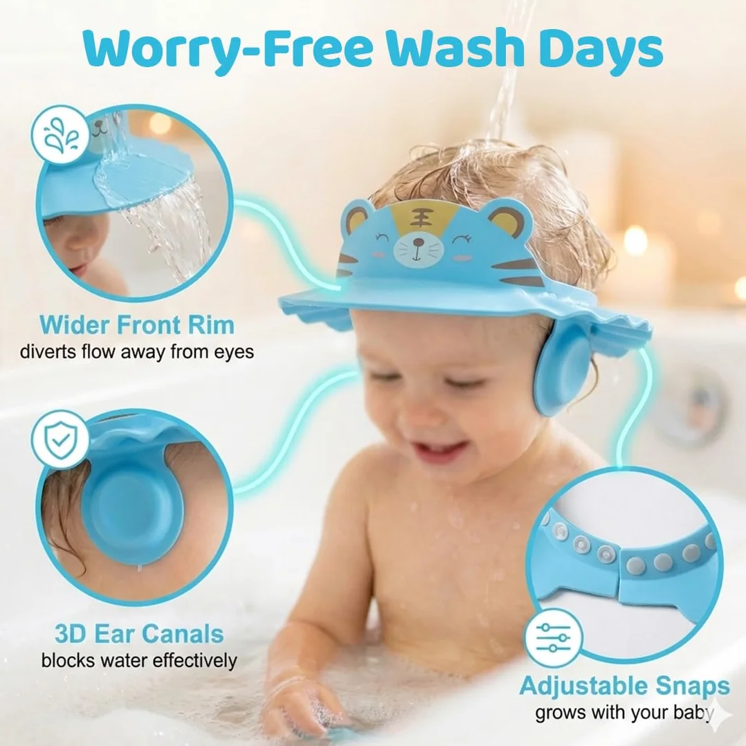 2 Pezzi Cappello Doccia Bambini, Visiera Doccia Bambini, cuffia per shampoo regolabile per bambini, scudo per il lavaggio dei capelli, Bambini Regolabile Doccia Cap per Protezione (Tigre).