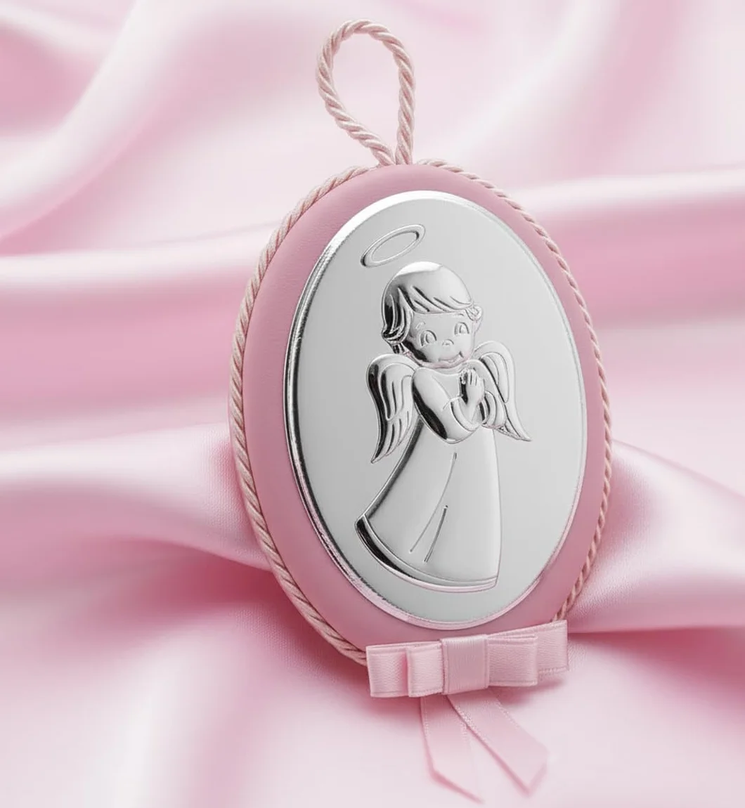 Medaglione Musicale Capoculla Sopraculla Ovale con Angelo in Argento, Personalizzabile con Incisione del Nome, Idea Regalo per Nascita o Battesimo da Appendere alla Culla del Neonato Rosa