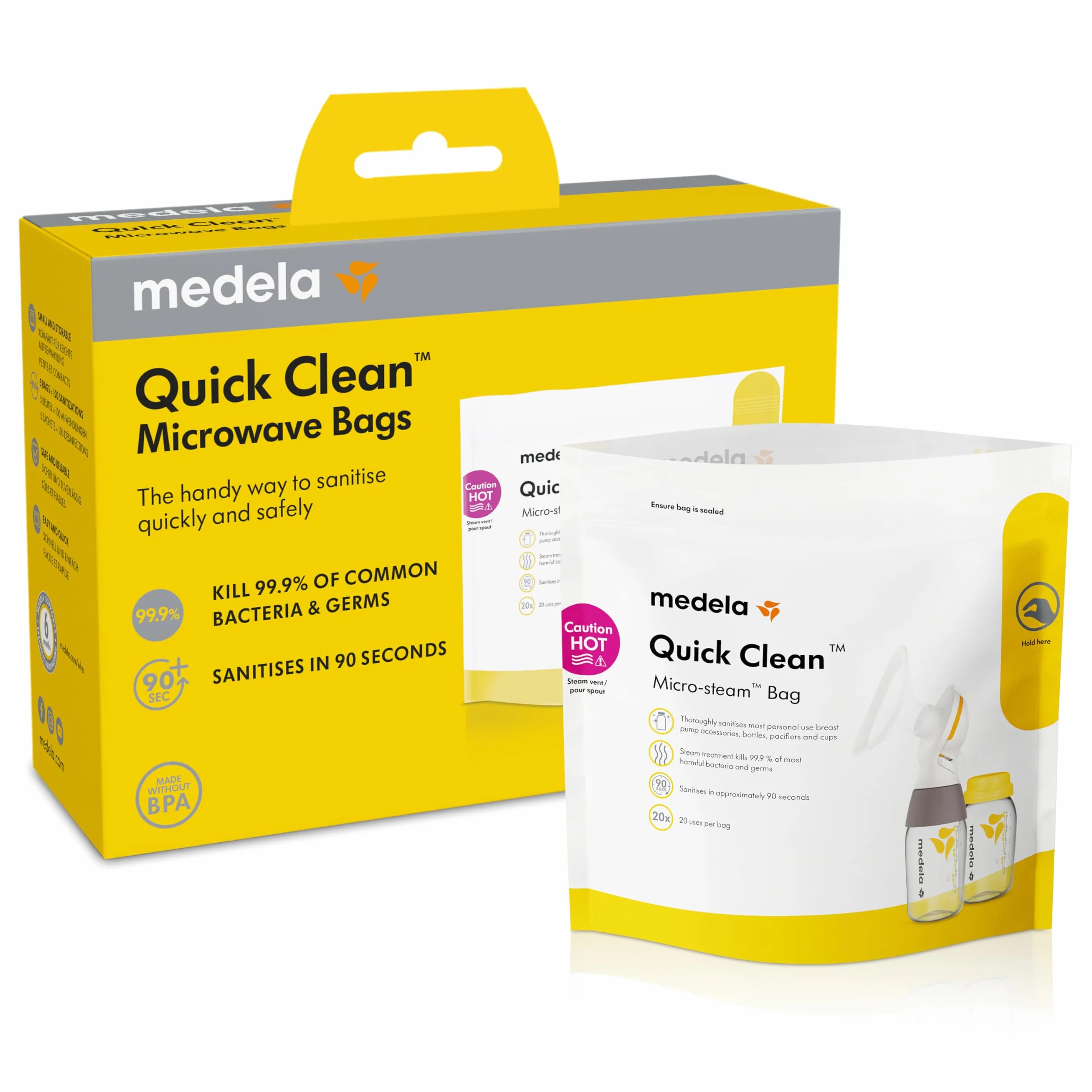 Medela Sacche per microonde Quick Clean | Sacche per sterilizzazione in microonde per bottiglie, tiralatte e componenti | Elimina il 99,9 di batteri e germi comuni, 5 sacche