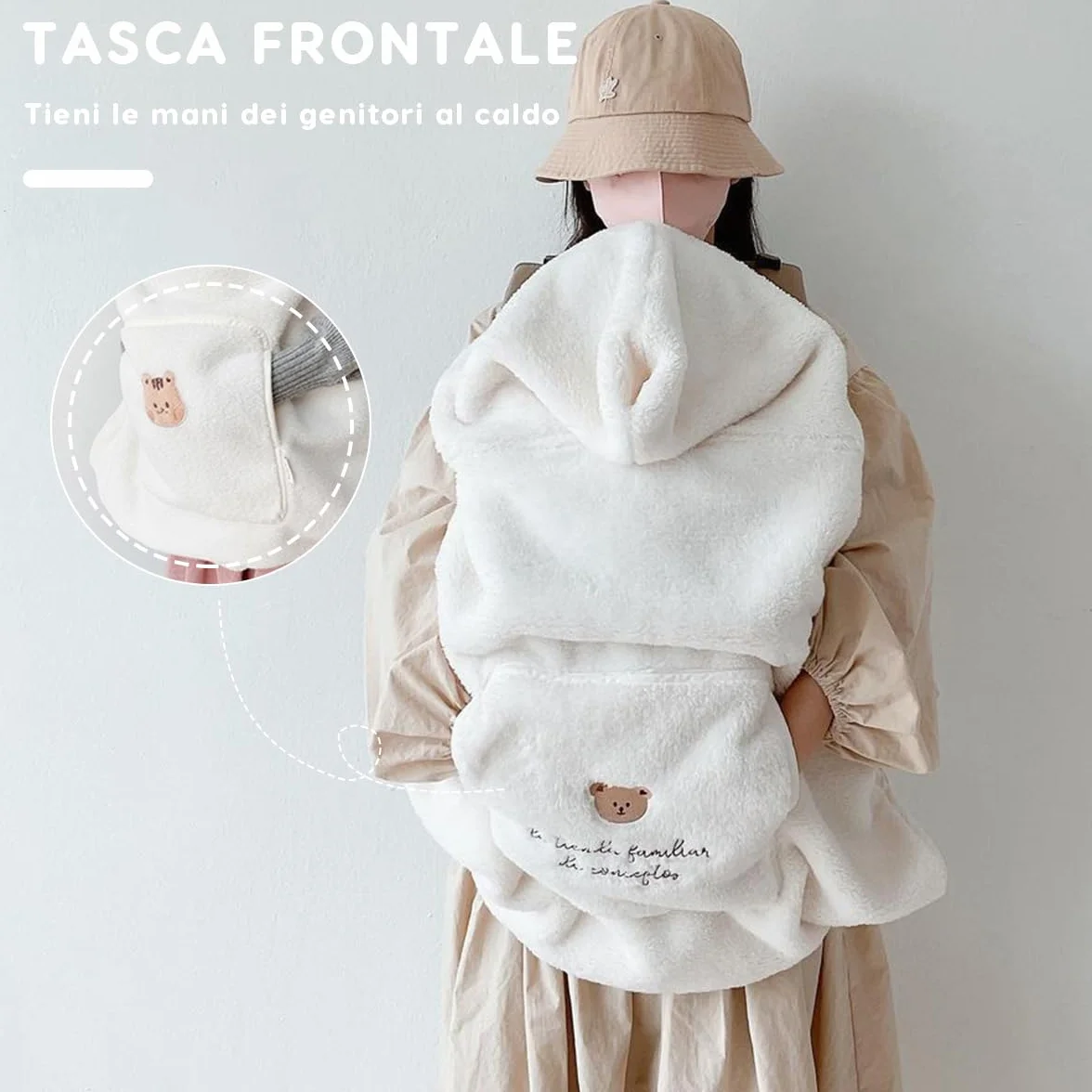 SONARIN Carina Copertina per Marsupio,Caldo Antivento Copri Marsupio,Universale Copertura Mantello con Cappuccio Cover Invernale per Fascia Portabebè con Tasca Frontale(Orso)