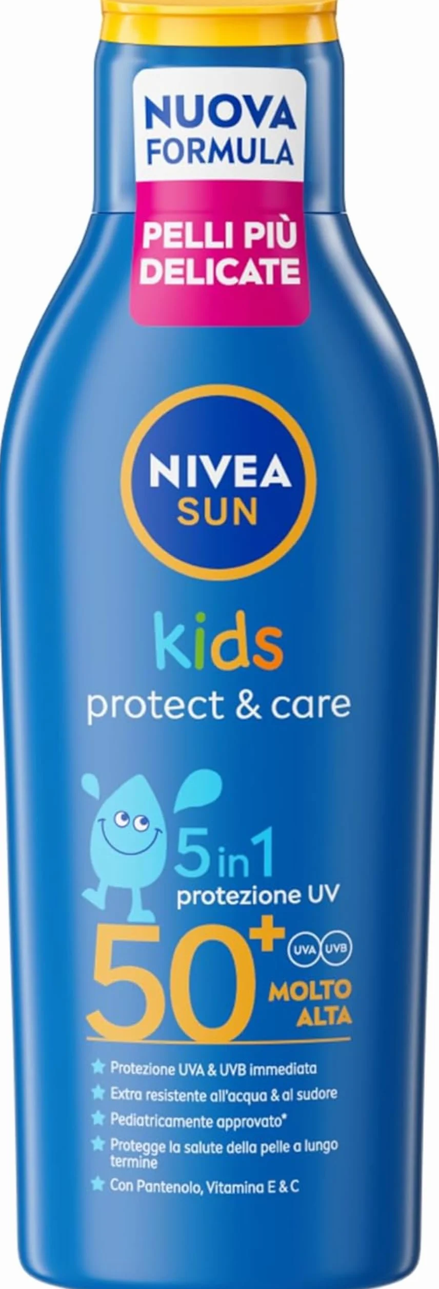 NIVEA SUN Kids Protect & Care SPF 50+ 200 ml, Crema solare 50 bambini 3+ anni per la pelle delicata, Protezione solare 50 bambini extra resistente all'acqua e al sudore con Pantenolo, Vitamina C & E