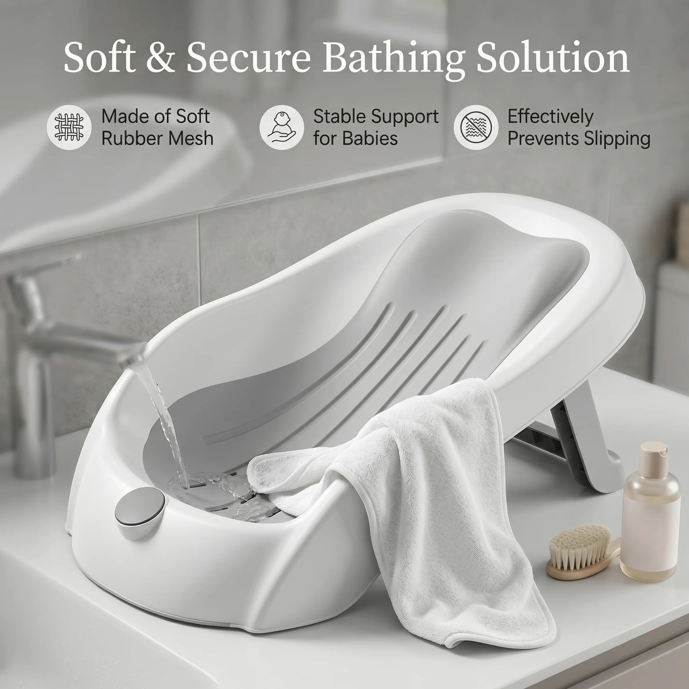 Supporto per bagnetto, vaschetta per il bagnetto con display digitale della temperatura e drenaggio, seggiolino pieghevole per vasca da bagno antiscivolo per neonati (grigio) &1