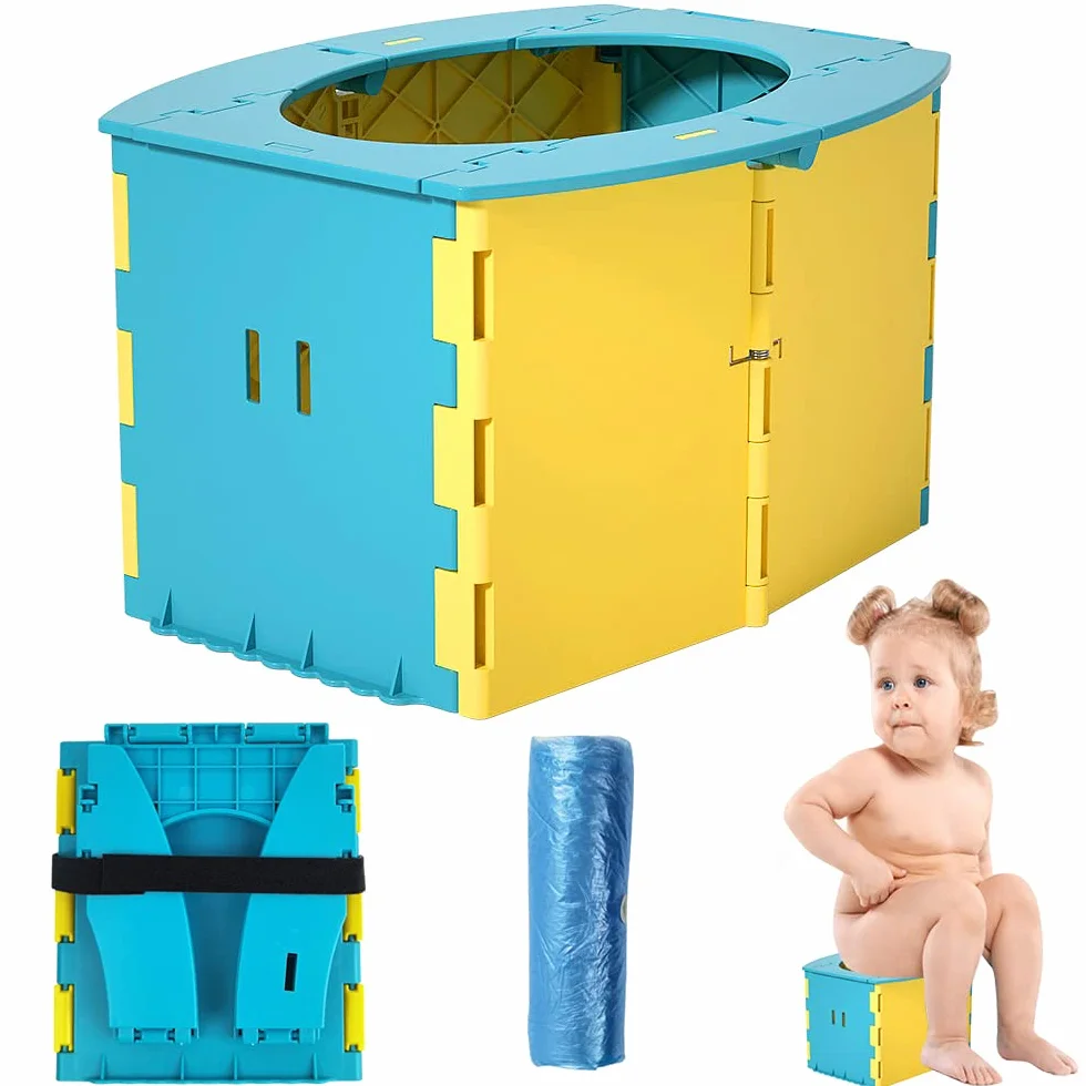 Toilette per Bambini Portatile，Vasino da viaggio per bambini Sedile WC pieghevole con 10 borse usa e getta，Allenamento vasino per Interni ed Esterni
