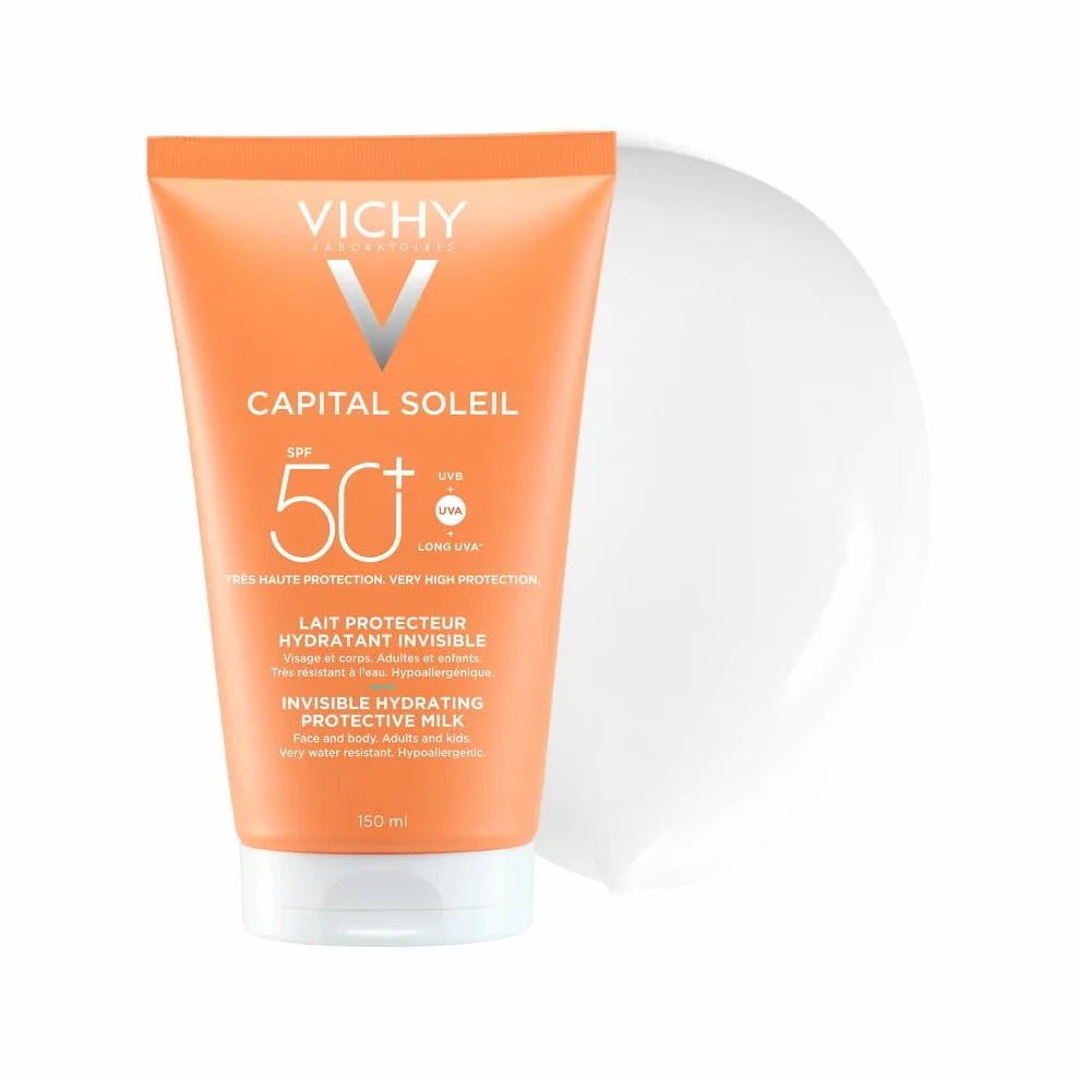 Vichy Capital Soleil, Latte Idratante Fresco SPF50+, Per Viso e Corpo, Protezione Molto Alta SPF50+ da Raggi UVA e UVB, Pelle Idratata Senza Aloni Bianchi, Con Acqua Vulcanica di Vichy, 150ml