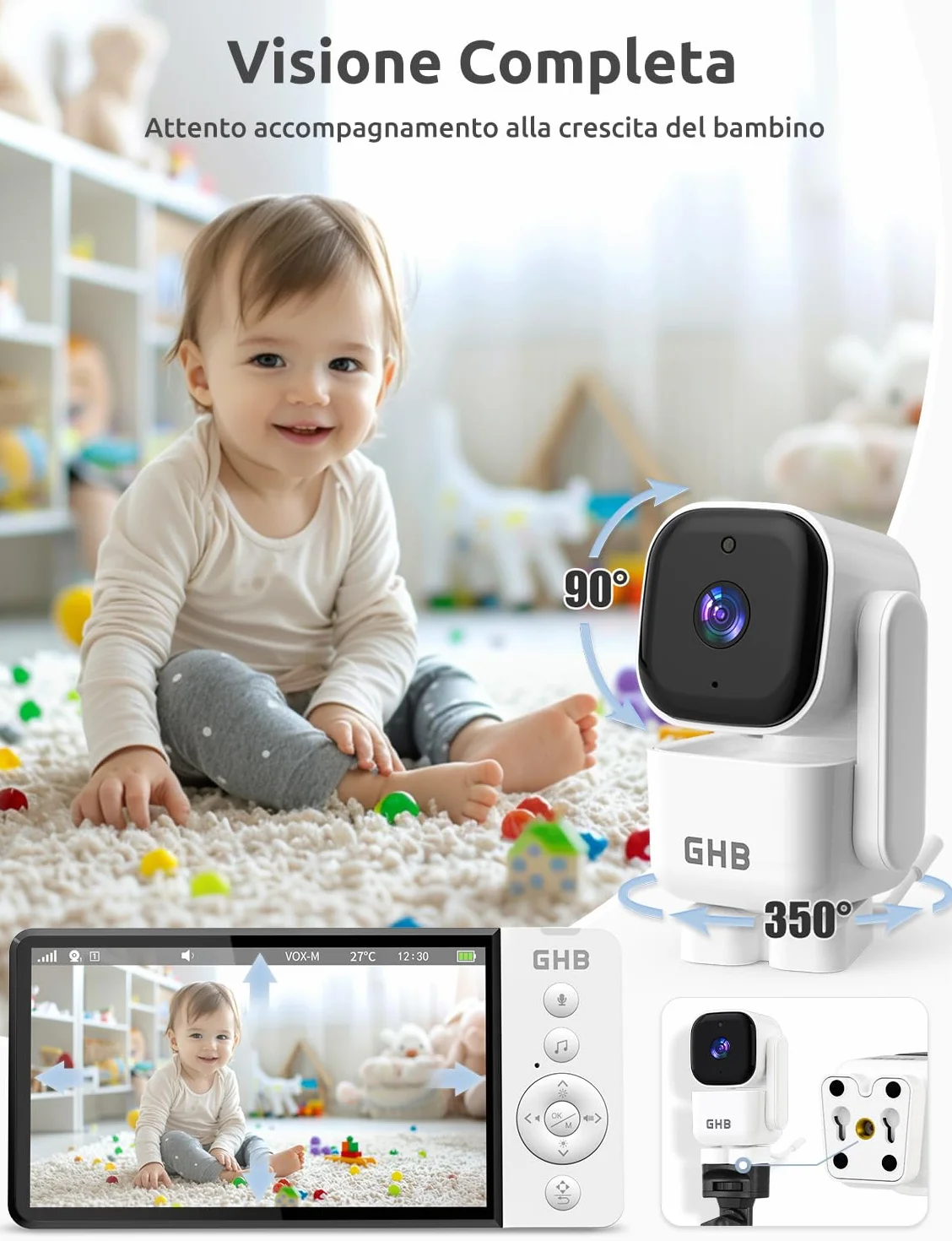 GHB Baby Monitor Video e Audio 5'', 350° Telecamera Rotante 720HD IPS Schermo, 5000mAh, Monitoraggio Temperatura, Visione Notturna, Audio Bidirezionale, VOX, Ninne Nanne