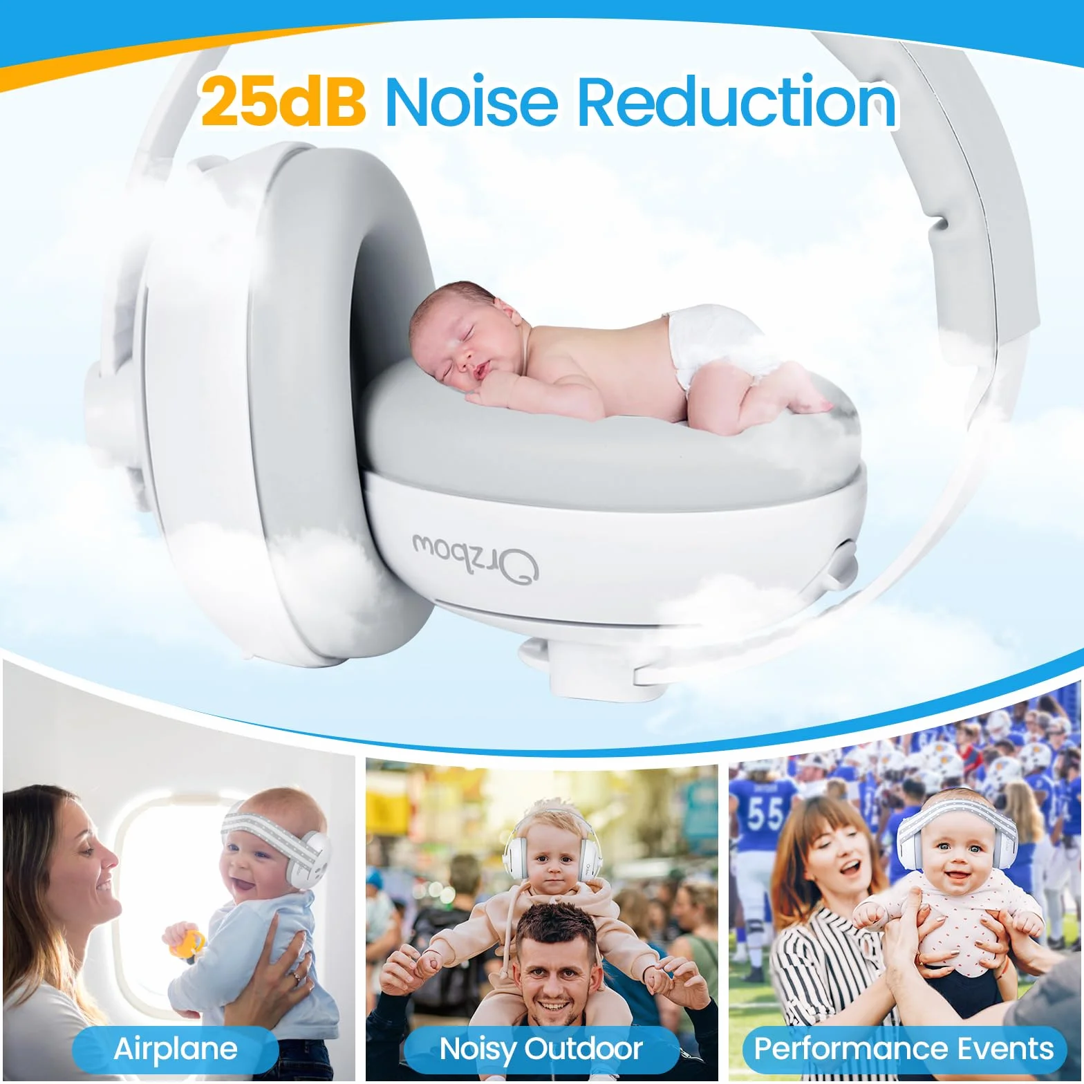 Orzbow 2 in 1 Cuffie Neonato Antirumore per 1-48 Mesi,Regolabile Cuffie Antirumore Bambini con Fascia Elastica,Leggero,28dB SNR,Previene i Danni Dell’udito & Migliora il Sonno in Viaggio