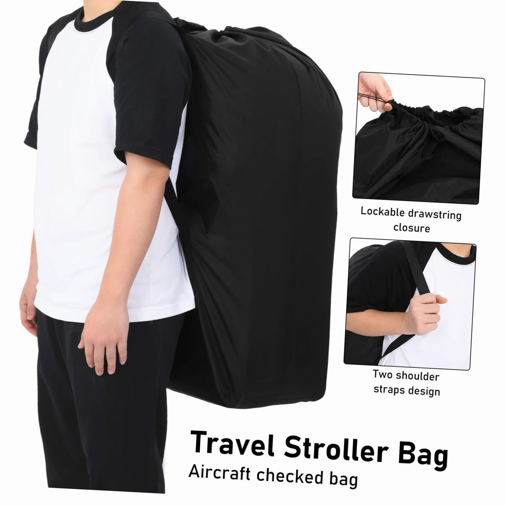 Borsa da Viaggio Chiusura a Coulisse Bloccabile in Nylon Nero per Passeggino e Cuciture Rinforzate Doppia Tracolla per Viaggi in Aereo e Lunghe Trasferte