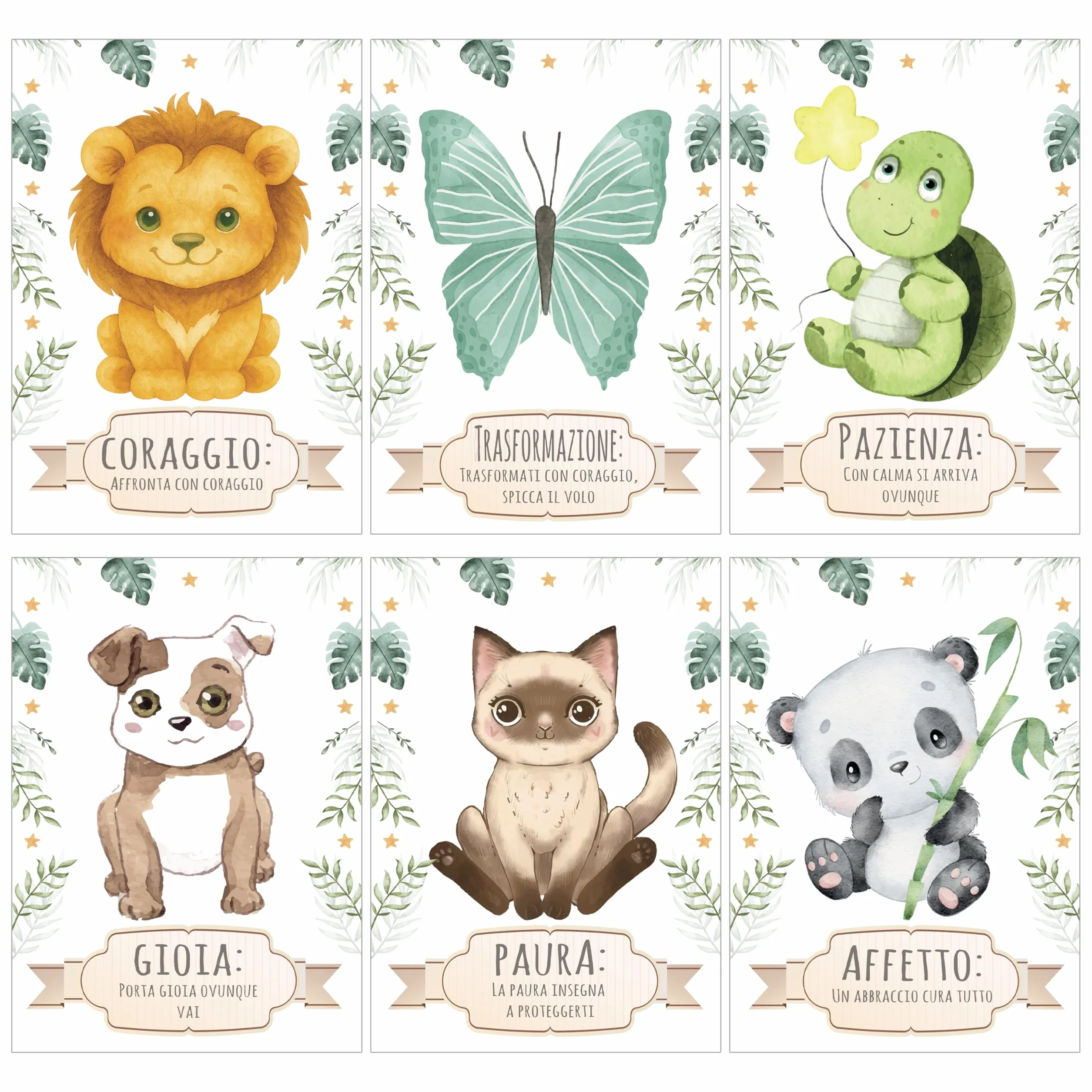 NAÏZAYA Cameretta Bambina Bambino Decorazioni - Set 6 Poster Quadri Animali 21x30cm - Frasi Motivazionali Italiano, Senza Cornice