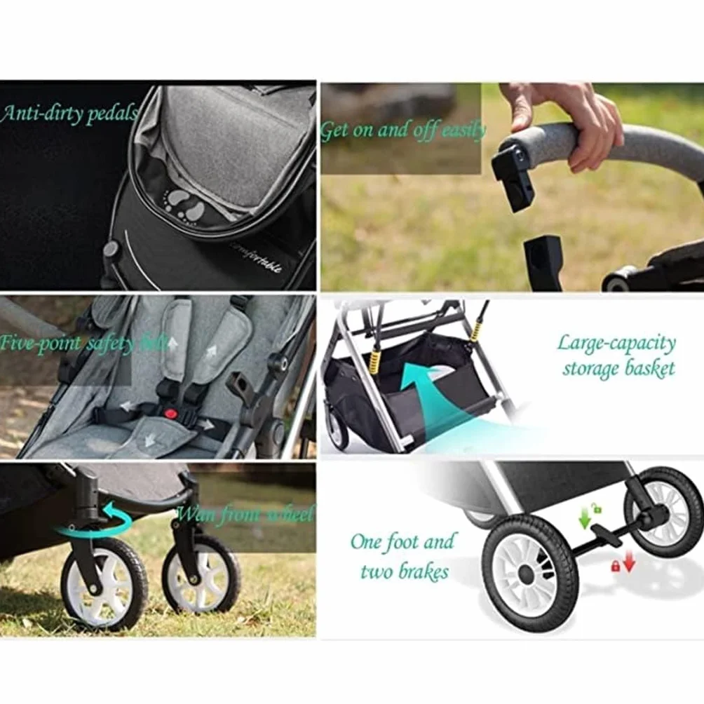 Rieort Passeggino Doppio Leggero Carrozzina in Alluminio Passeggino con tettuccio Regolabile Passeggino gemellare Pieghevole per paesaggi Alti