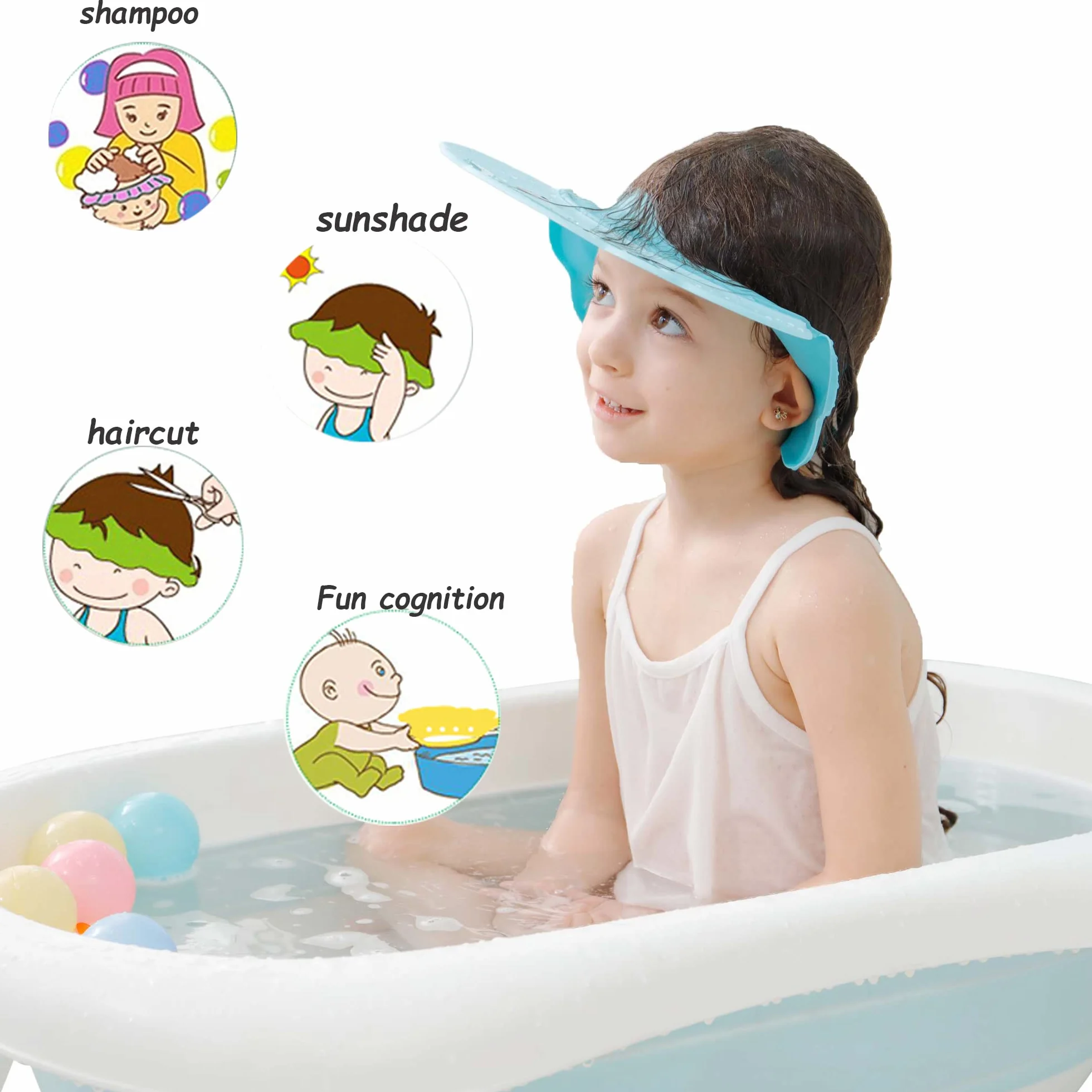 Blu Doccia Cap per Bambino, Sicurezza Cappello da Bathing, cappello con visore regolabile morbido per neonati e bambini, Proteggi occhi, bocca, orecchie(per 0.5-12 anni di età)