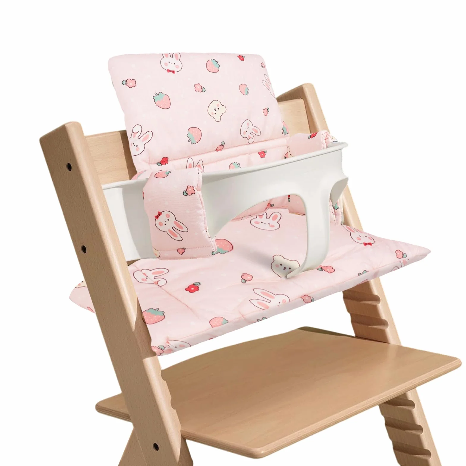 Cuscino per Seggiolone Stokke Tripp Trapp, Imbottitura Spessa in Cotone Naturale, Tessuto Impermeabile e Traspirante, Grazioso Motivo Lapino e Fragole, Confezionato Sottovuoto
