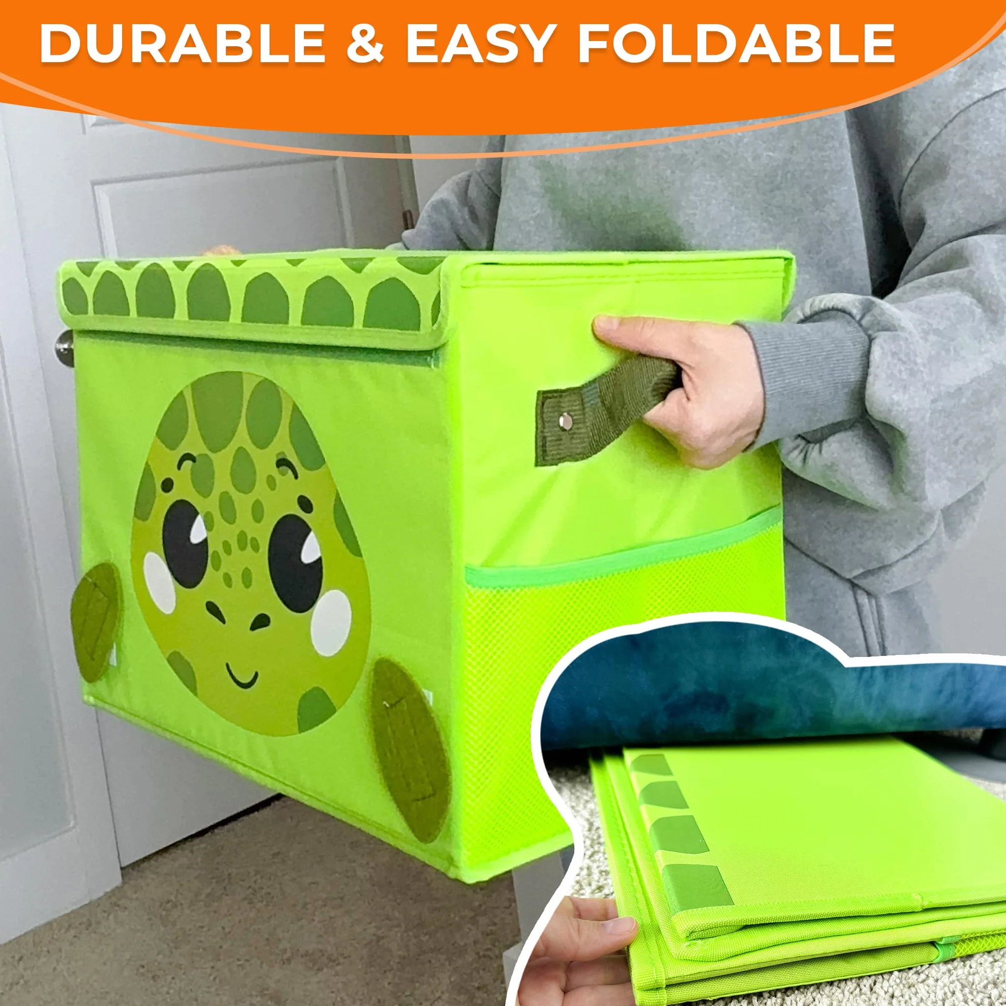 QUOKKA Katabird Toy Storage Box for Boys and Girls - Organizador de juguetes para niños (16 x 12 x 8 cm, plegable, asas, tapa abatible), diseño plegable (Tartaruga, Piccolo)