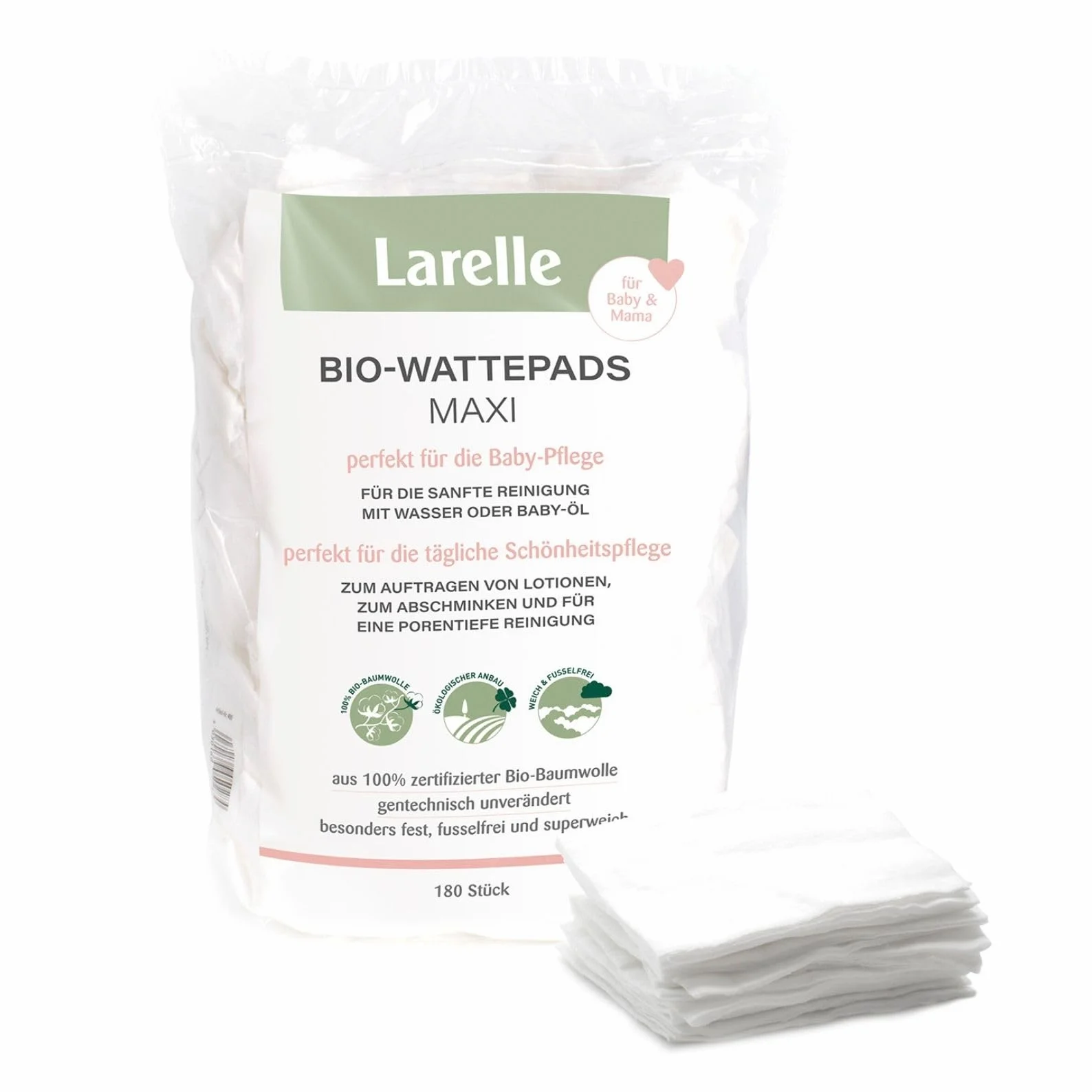 LARELLE Maxi batuffoli di ovatta biologici, 180 pezzi, perfetti per la cura quotidiana del bambino