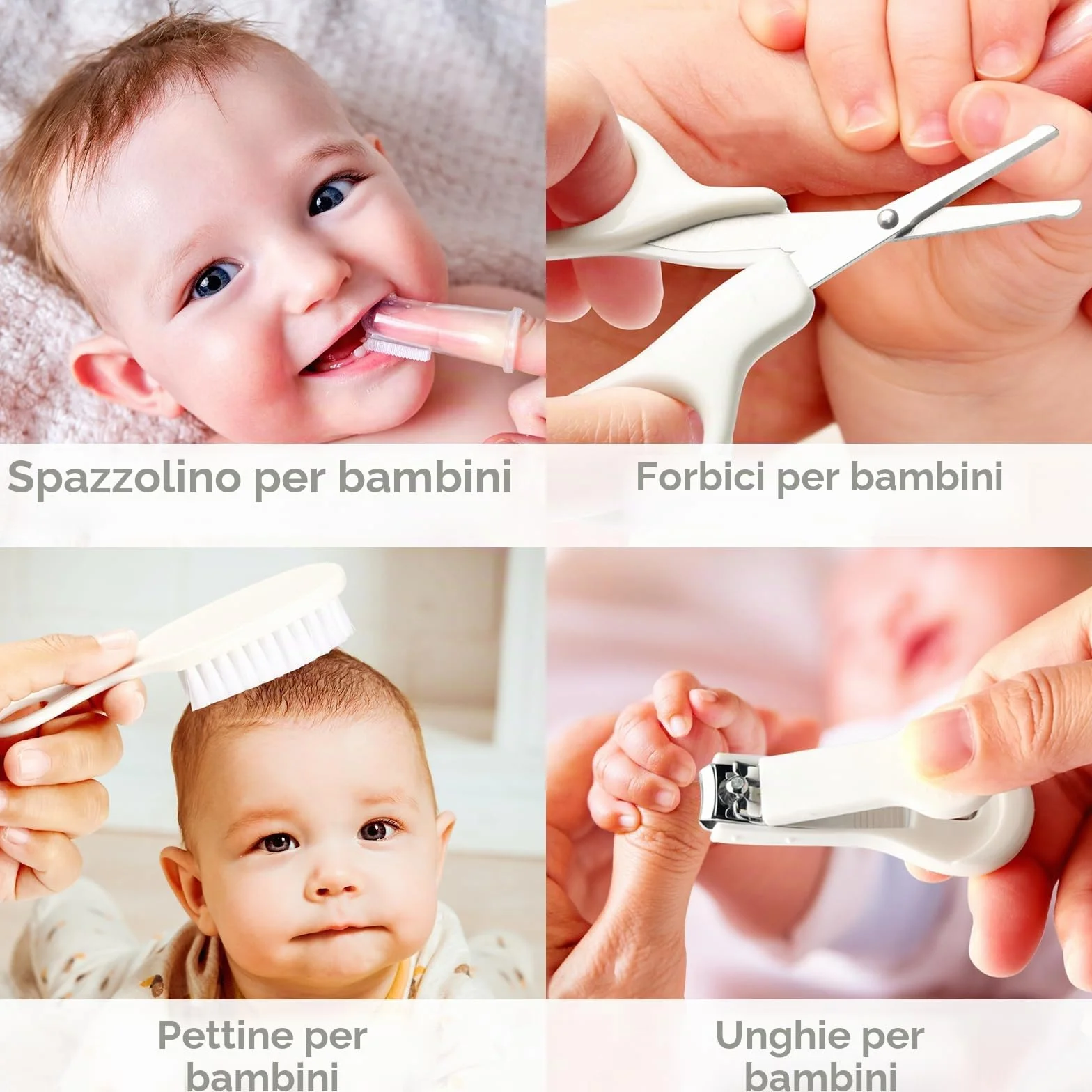 Set di sicurezza per bambini con spazzola per capelli, pettine, tagliaunghie, kit essenziale per neonati e ragazzi (grigio bianco)