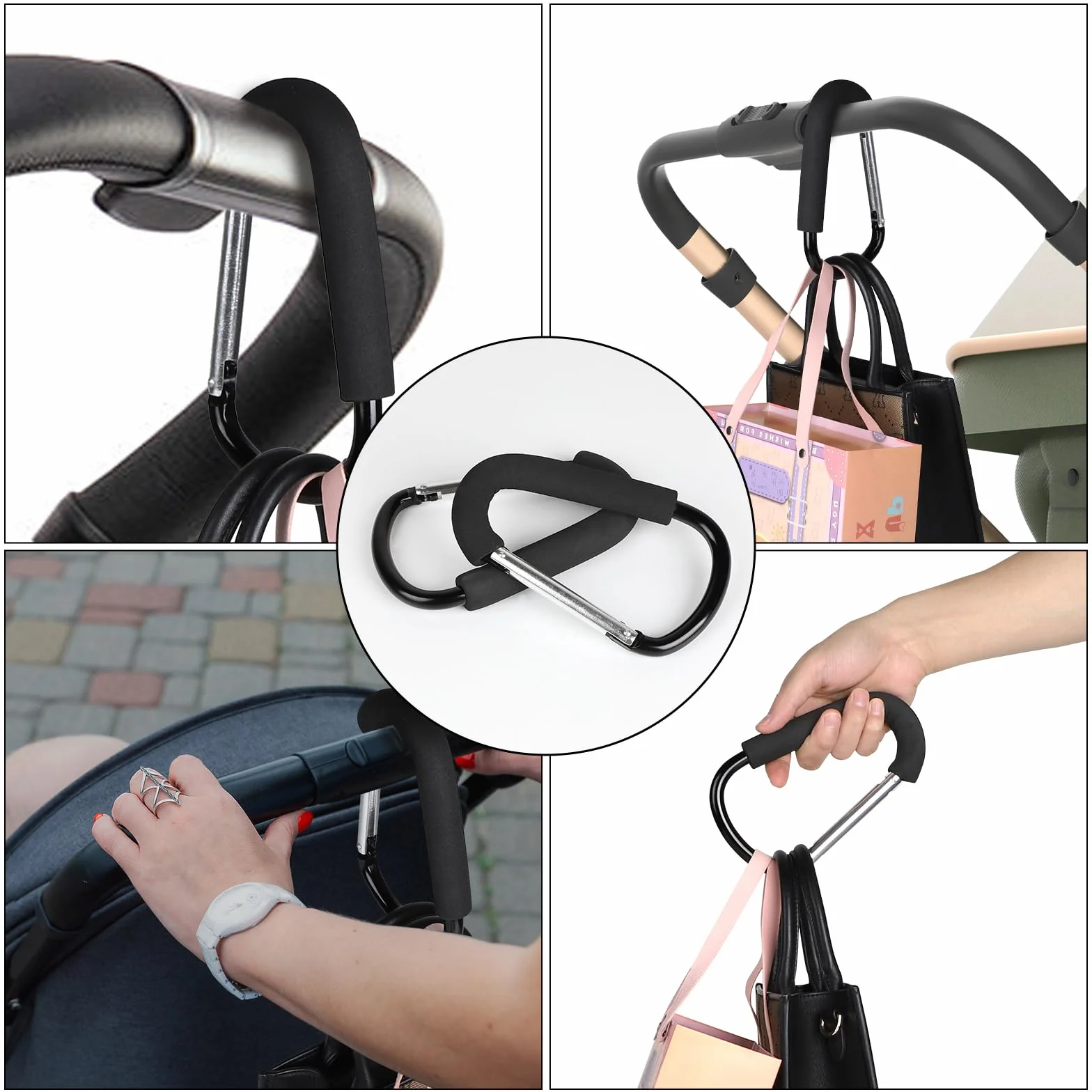 LALAGO 2 Pezzi Gancio Universale Passeggino, 16x10cm Moschettone a Gancio Multiuso, Aggancio per Borse con Imbottitura di Protezione, Ganci Passeggino, Clip Hook Stroller Organizer