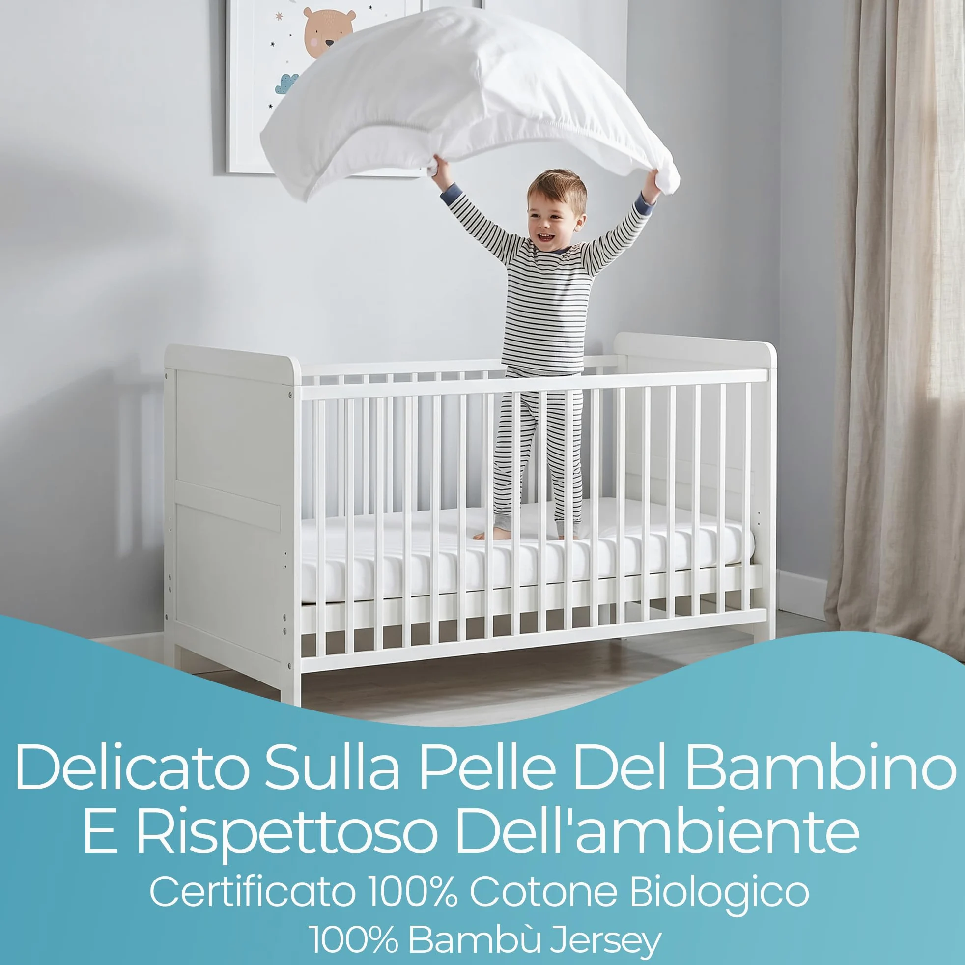 Comfier Sleep Set 3 Pezzi Con 2 Lenzuola Lettino Neonato 60x120 100% Cotone Con Angoli Biologico e 1 Coprimaterasso Lettino 60x120 100% Bambù Impermeabile, Bianco