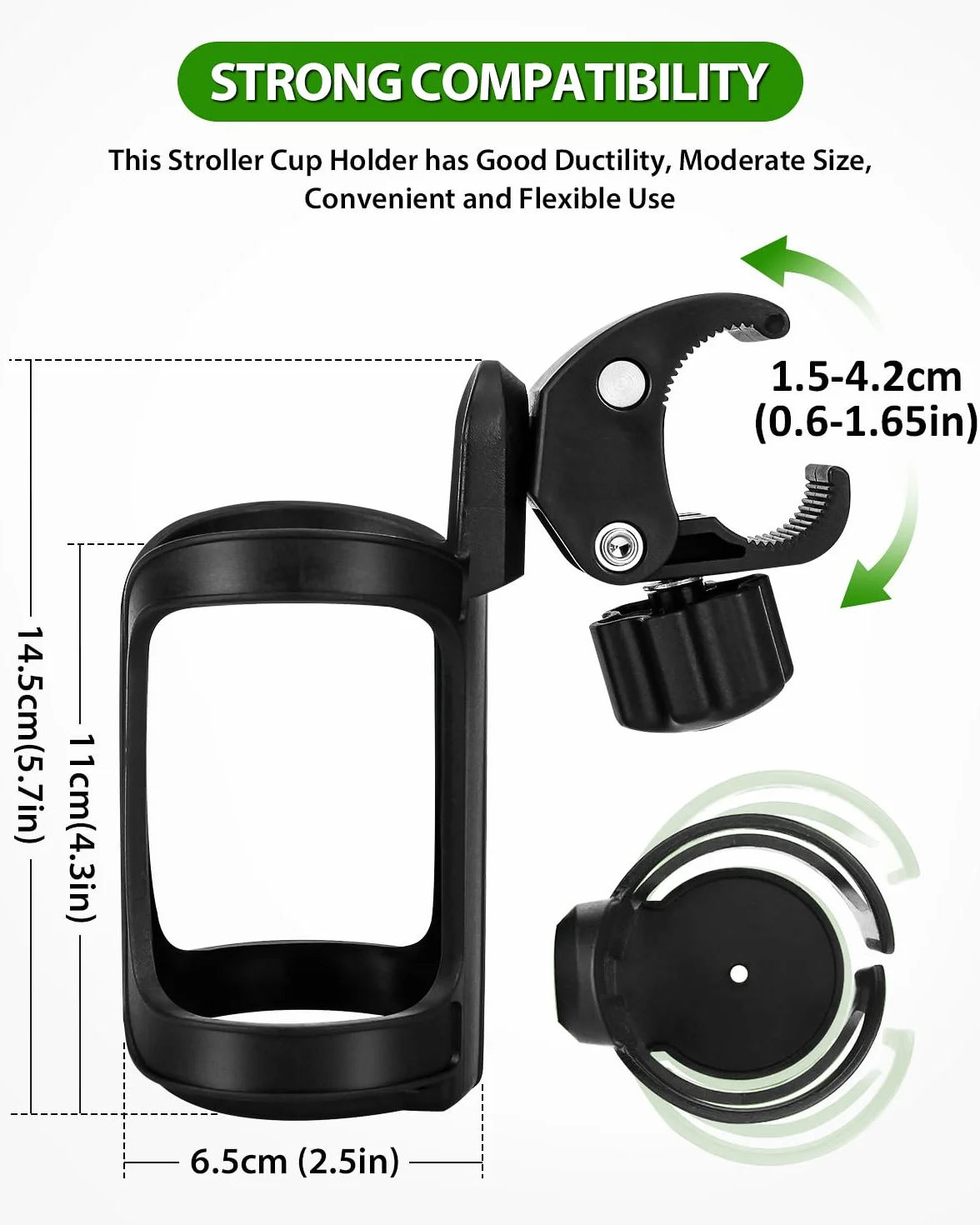 2 supporti per bevande per passeggino, universale per tazza e bottiglia d'acqua, rotazione a 360 gradi.