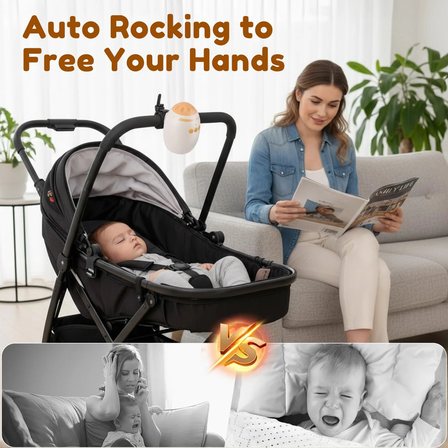 Altalena per Passeggino, Ricaricabile USB-C per Bambini & Timer da 40min, Intensità Regolabile e Timer, Passeggino con 11 Bianco Rumore per Passeggino e Passeggino