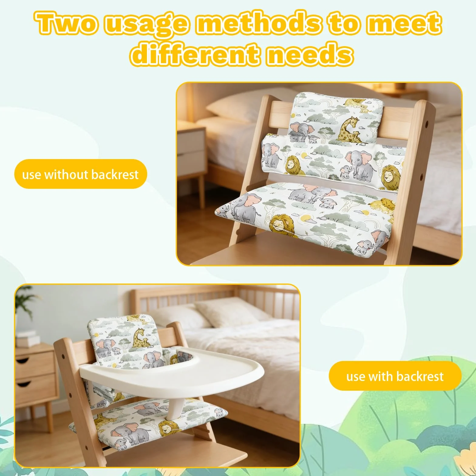 Cuscini per Seggiolone Stokke Tripp Trapp, 2 Pezzi Antiscivolo Cuscino per Seggiolone Pappa Impermeabile Cuscino Sedia Bambini Modelli Animali Cotone PP ad Alta Resilienza