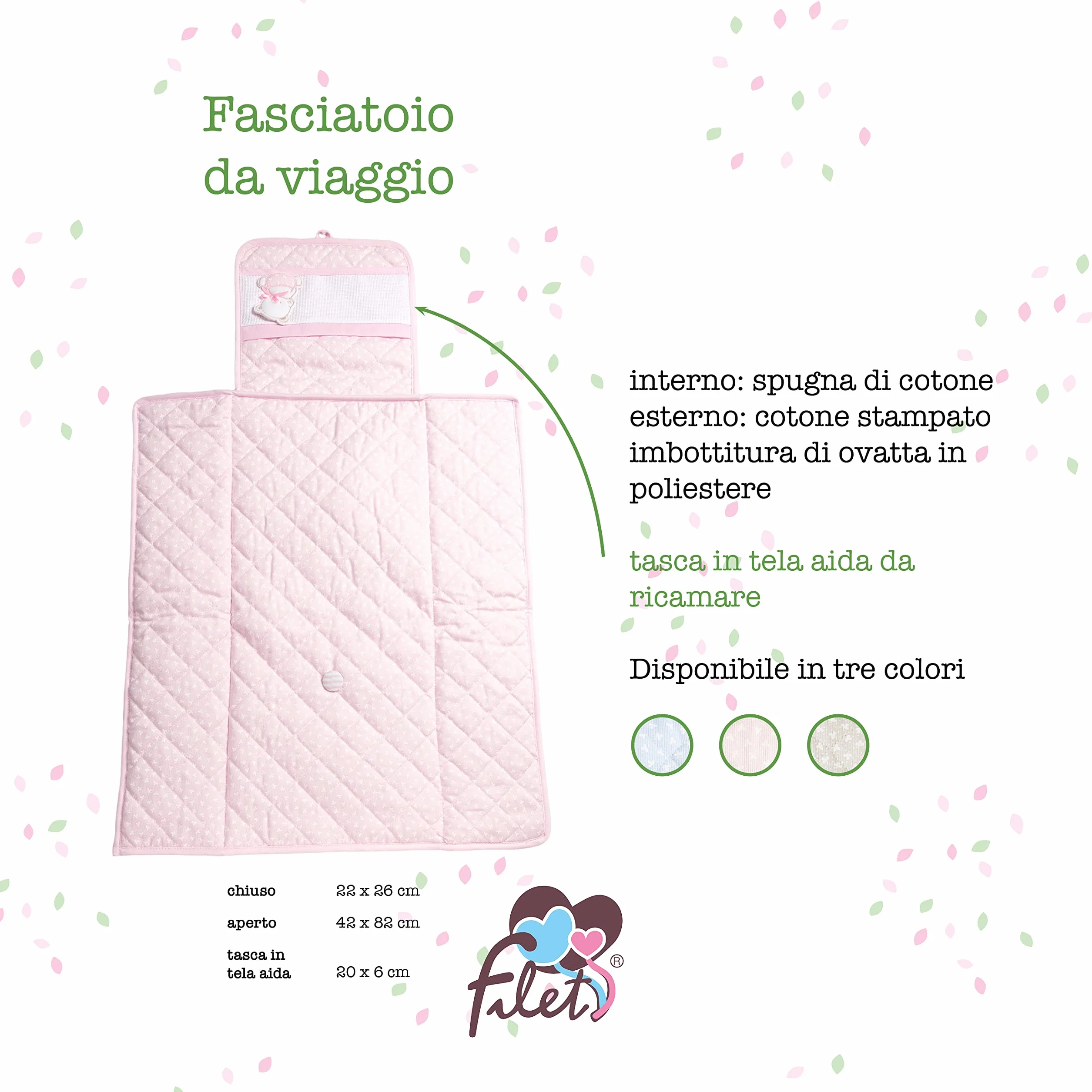 FILET - Fasciatoio da Viaggio, Fasciatoio Portatile per il Cambio Pannolino, Realizzato in Cotone Imbottito, con Tasca in Tela Aida da Ricamare, Made in Italy, Trifoglio Rosa