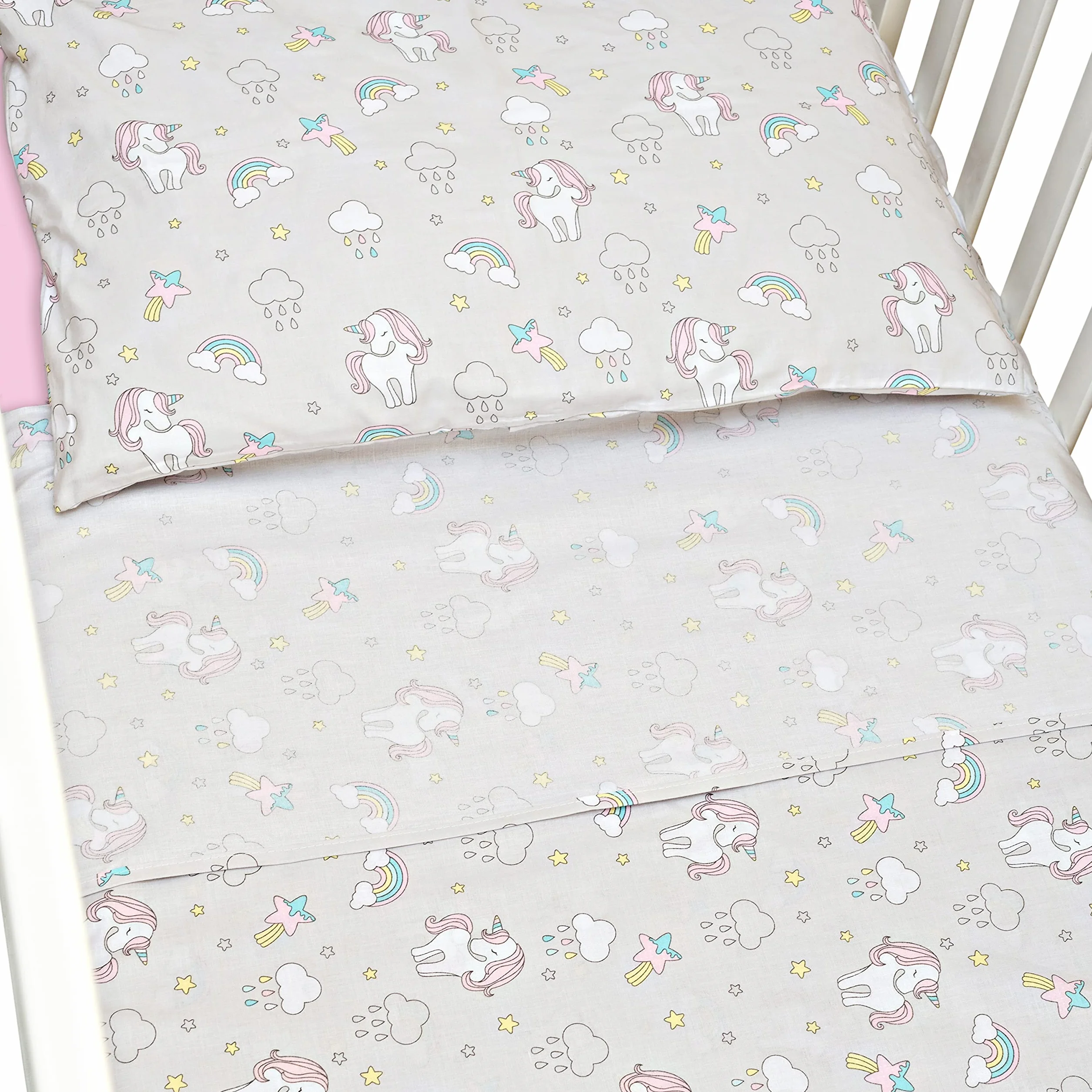 CangooCare® Set Lenzuola 3 Pezzi Per Lettino Neonato, Montessori, 70x140 cm, 1 Lenzuolo Di Sotto Con Angoli, 1 Lenzuolo Di Sopra, 1 Federa Cuscino, 100% Cotone, Unicorni