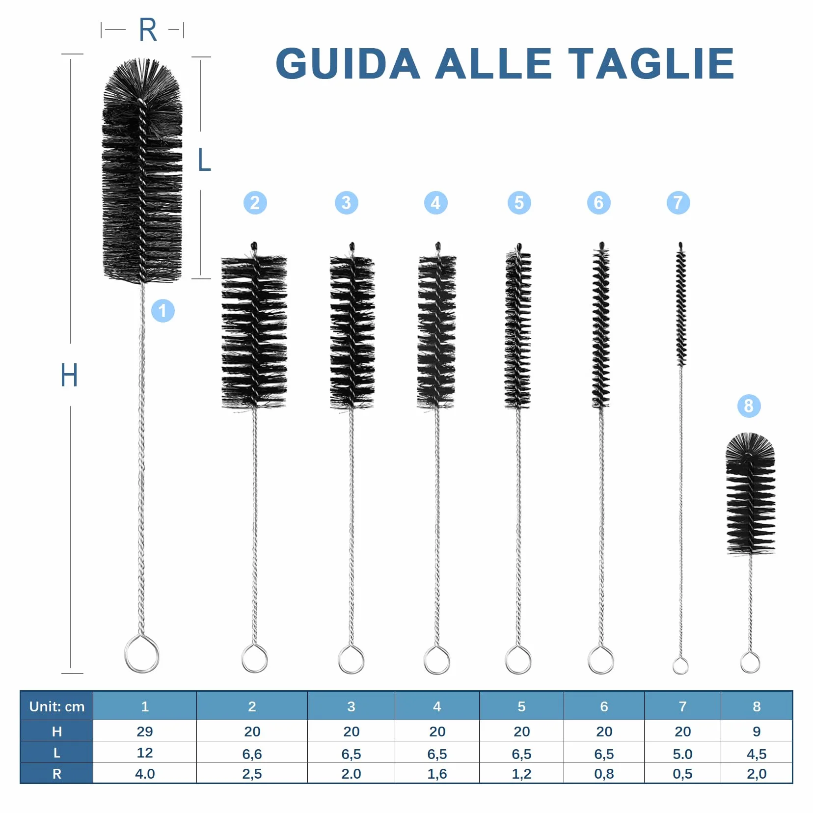 Spazzola Per Bottiglie, Set Di 8 Spazzolini In Nylon Per Cannucce E Tubi, Per Pulire Bottiglie A Collo Stretto, Biberon, Barattoli E Beccucci Di Teiera (Nero)