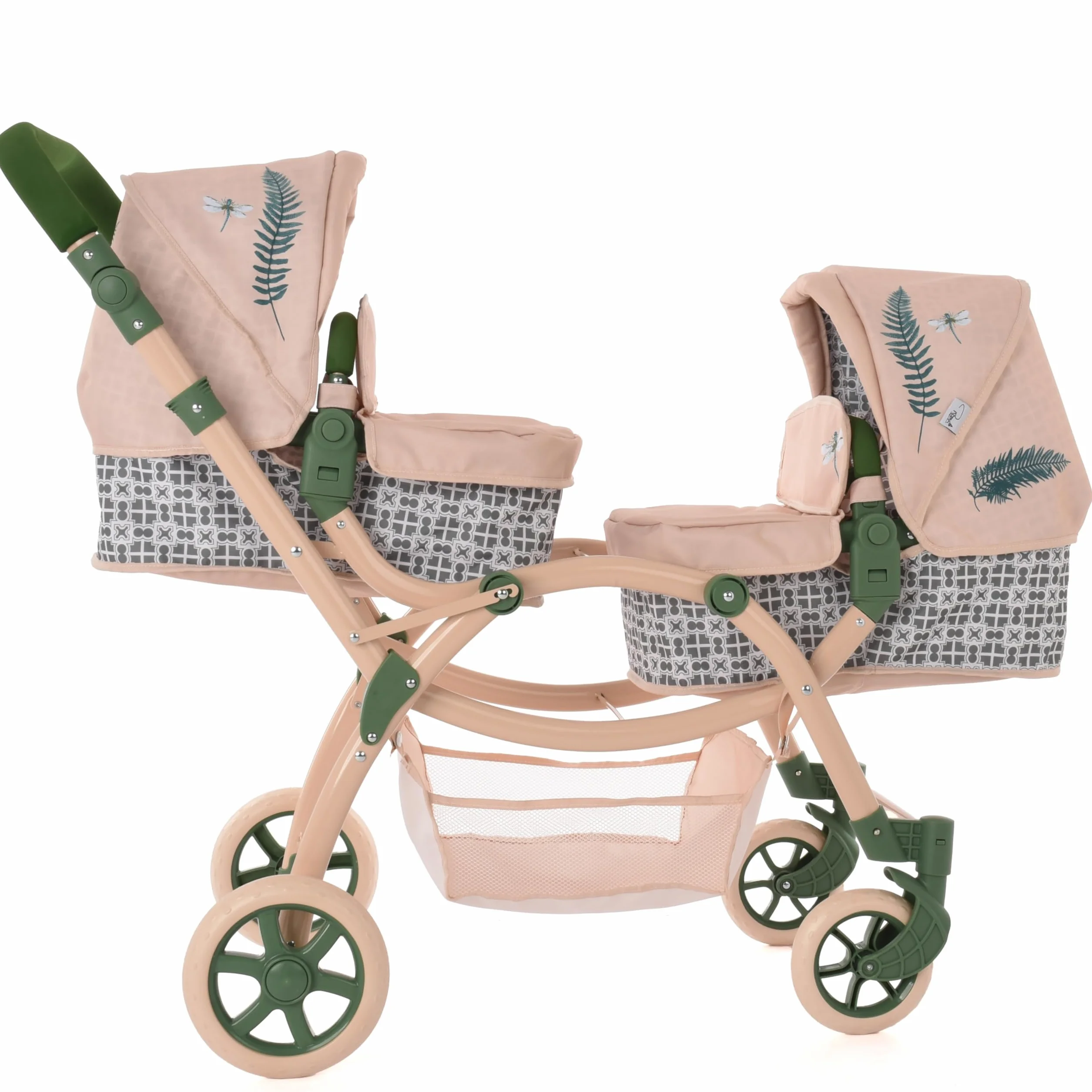 Roma RHS Passeggino doppio per bambole 36 mesi+, verde felce, tessuto riciclato ecologico, manico regolabile 69-84 cm, lunghezza 96-112 cm
