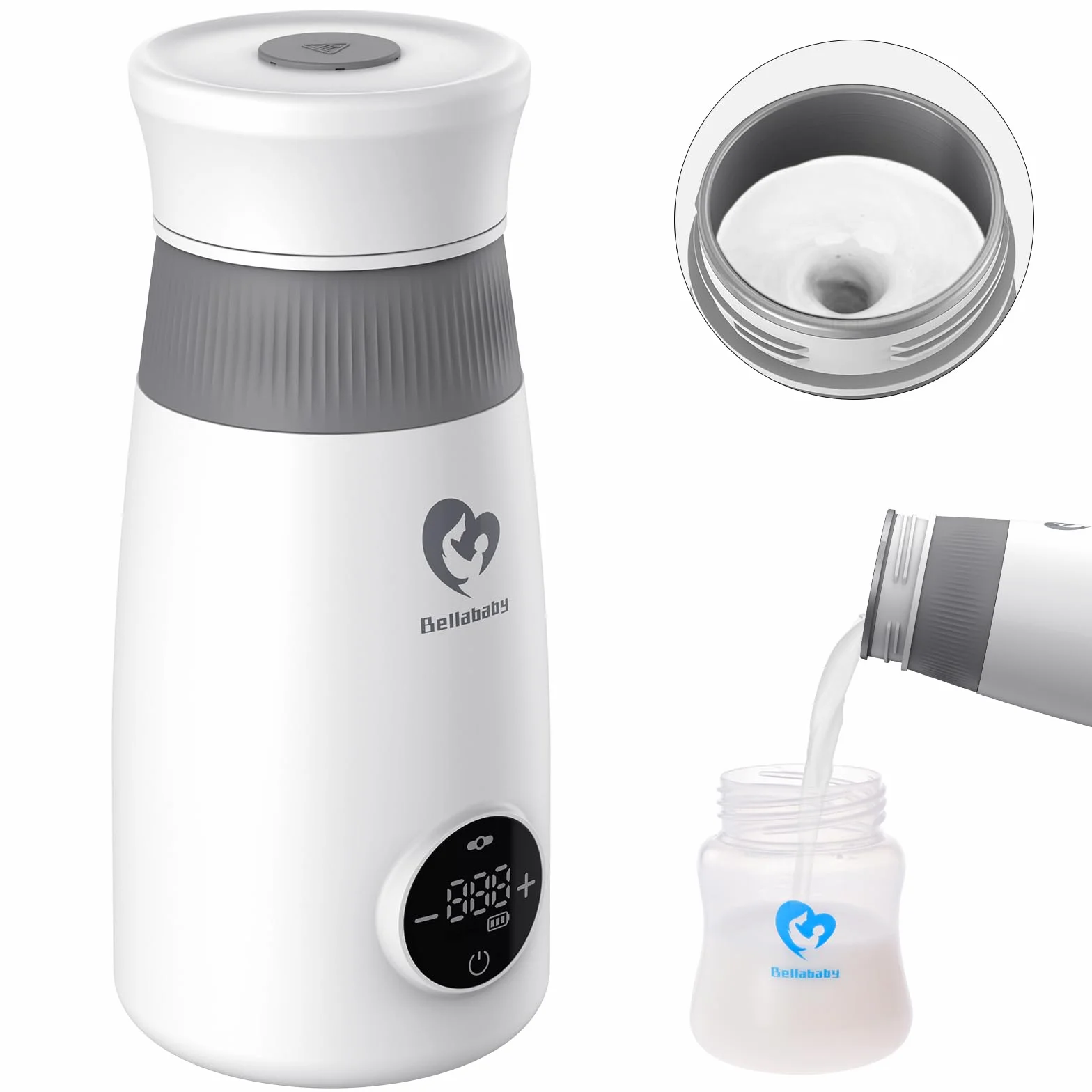 Bellababy Scaldabiberon Portatile Senza Fili, Scalda Biberon Neonato e Mixer Istantanei e Automatici, per Latte Materno o Formula, Scaldacollo con Display a Temperatura Digitale a LED