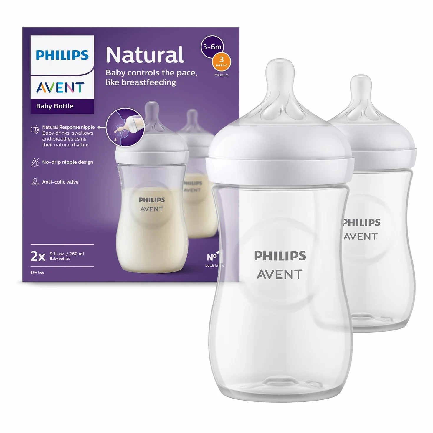 Philips Avent Biberon Natural Response - 2 biberon da 260 ml per neonati da 1 mese in su, senza BPA (modello SCY903/02)