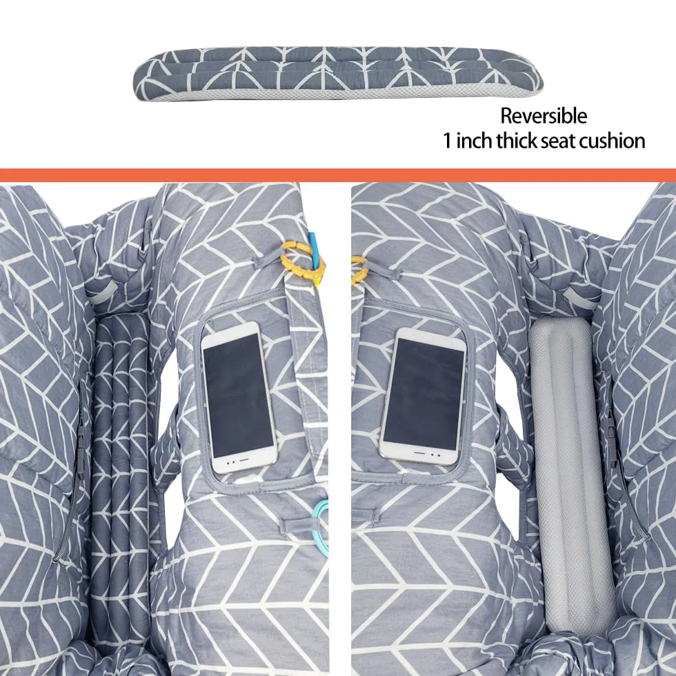 ICOPUCA Copertura per carrello della spesa 2 in 1, copertura per seggiolone, imbottita, per bambini, con 2,5 cm di spessore, rimovibile, reversibile, colore grigio