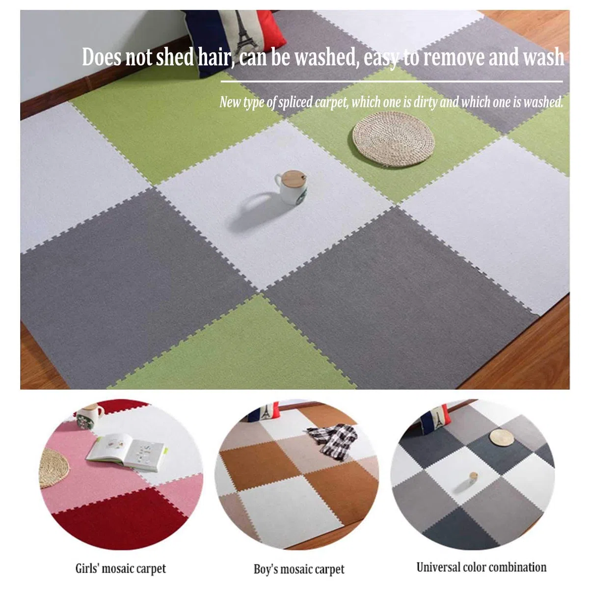 Tappetino Puzzle in Schiuma per Bambini, Grande Tappetino in Peluche Ad Incastro con Bordi, Adatto per Palestra, Area Giochi per Bambini, Esercizio Fisico, Yoga,White+Pink+Green,9