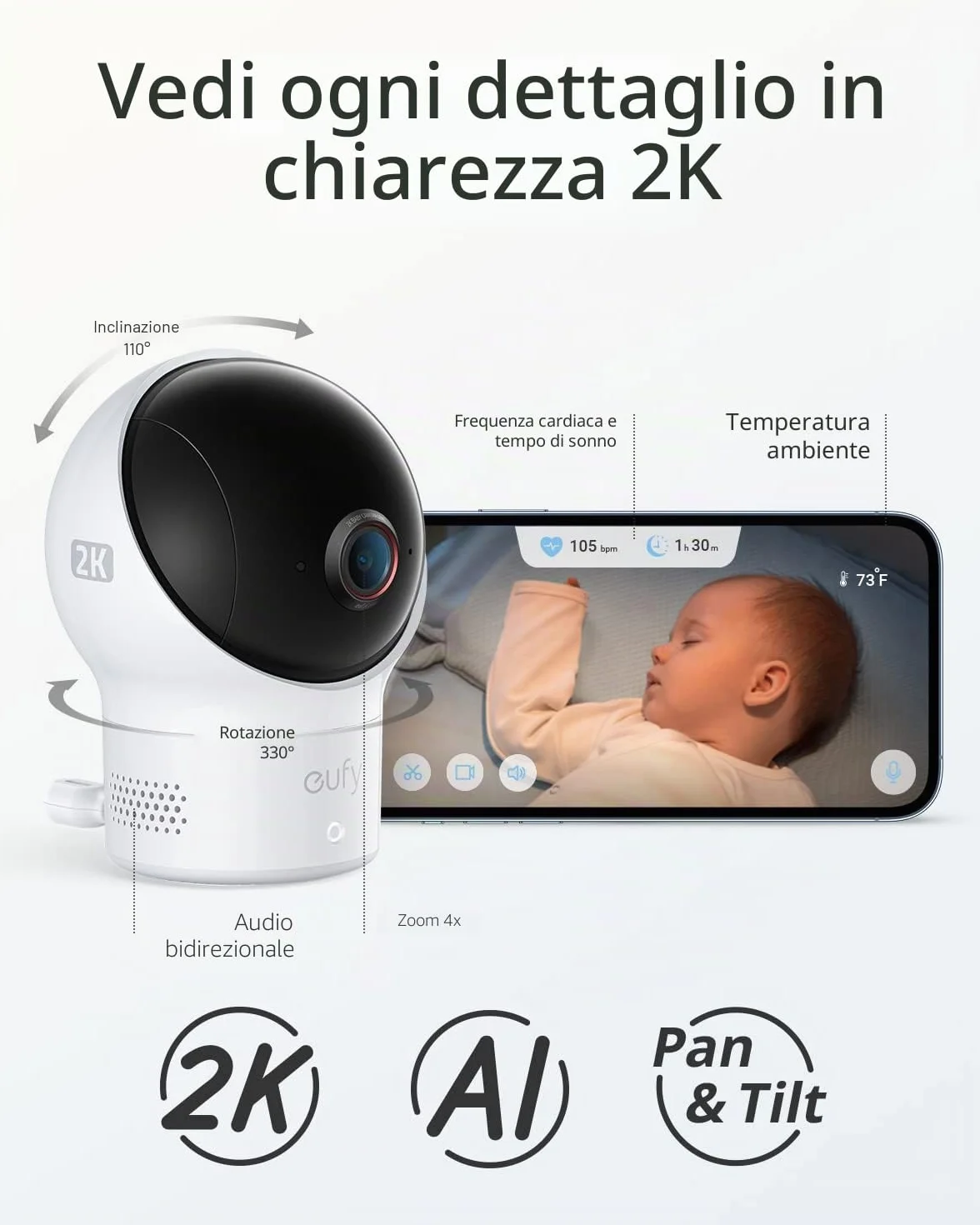Calzini Intelligente eufy Baby S340, baby monitor Wi-Fi 2,4 GHz, monitoraggio del sonno, ritmo cardiaco, ossigeno nel sangue, telecamera 2K, rilevamento IA del Pianto, Panorama e Inclinazione, senza
