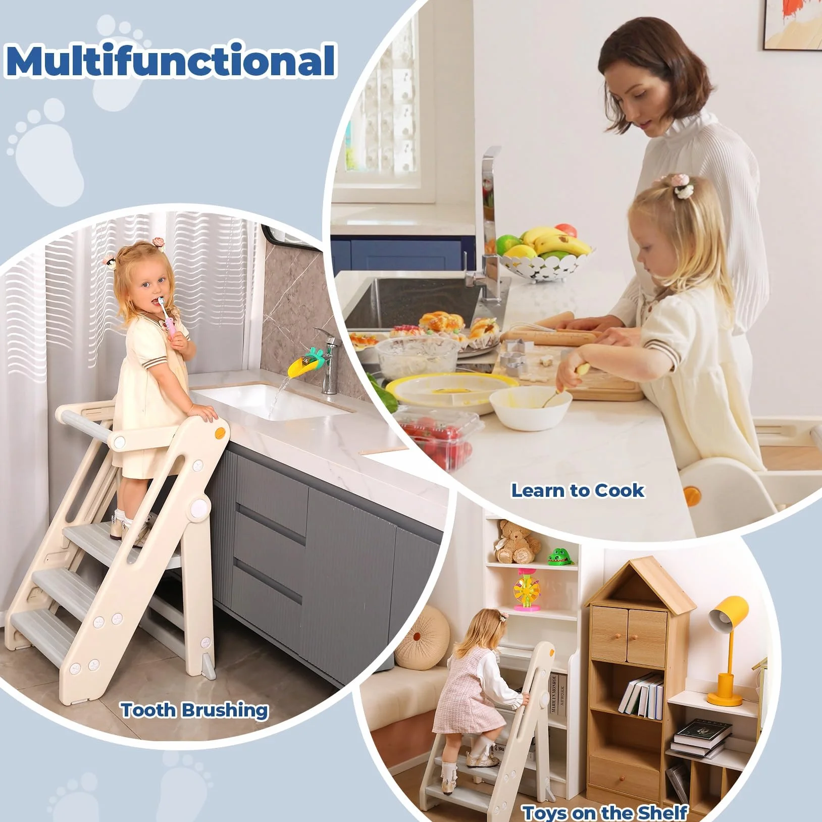 Onasti Torre di Apprendimento per Bambini, Learning Tower,Torre Montessoriana Pieghevole e Regolabile in Altezza per Bambini per Bancone Cucina Lavandino Bagno, Torretta Montessoriana (Bianco)