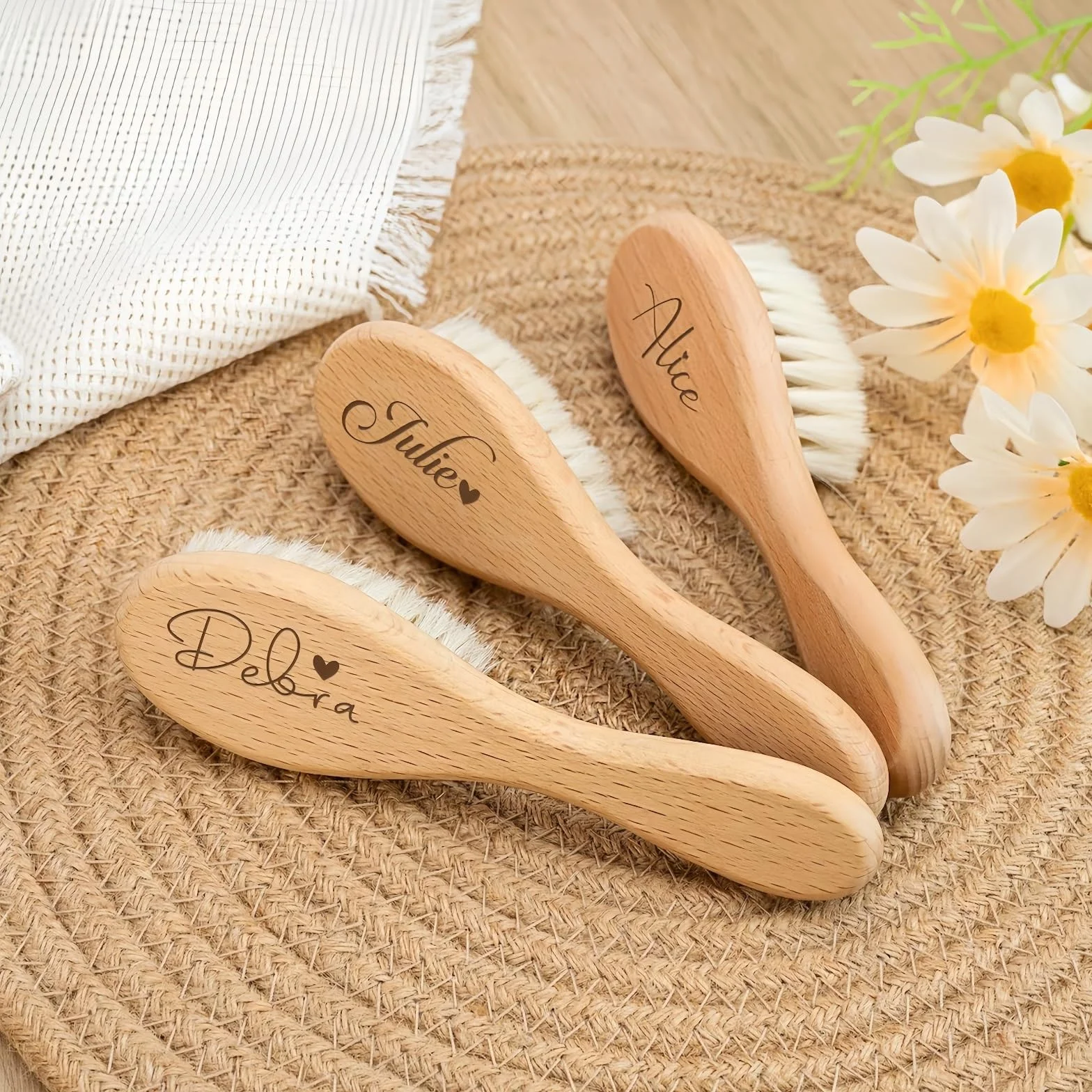 Set Personalizzato Di Spazzola E Pettine Per Bambini, Spazzola In Lana, Pettine In Legno Con Nome E Icona Incisi, Accessori Per Il Bagnetto, Regali Per Neonati