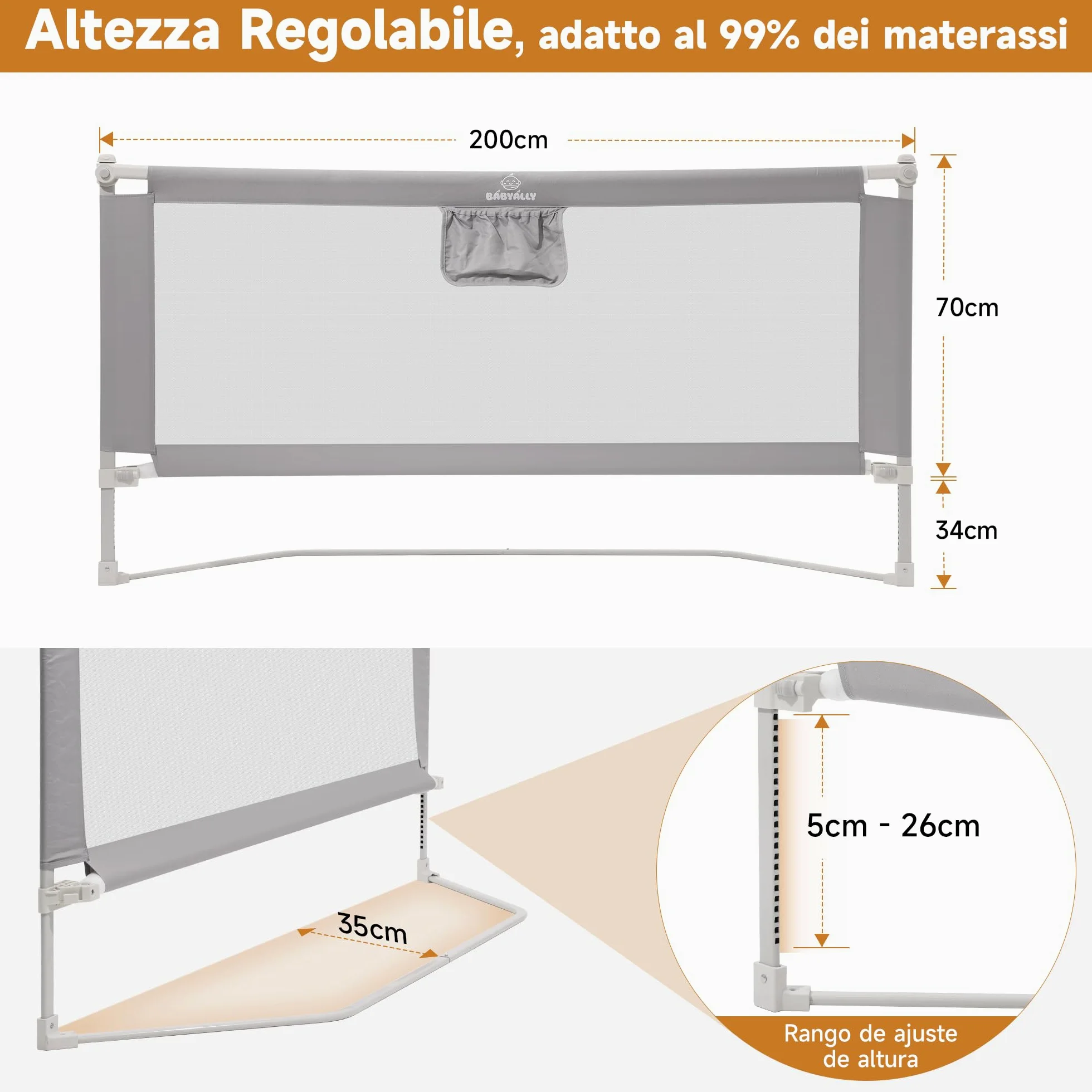 Sponda Letto Bambini 180 cm, Universale Barriera Protettiva Bambini Barriera Letto - Installazione Rapida in 3-5 Minuti, Grigio