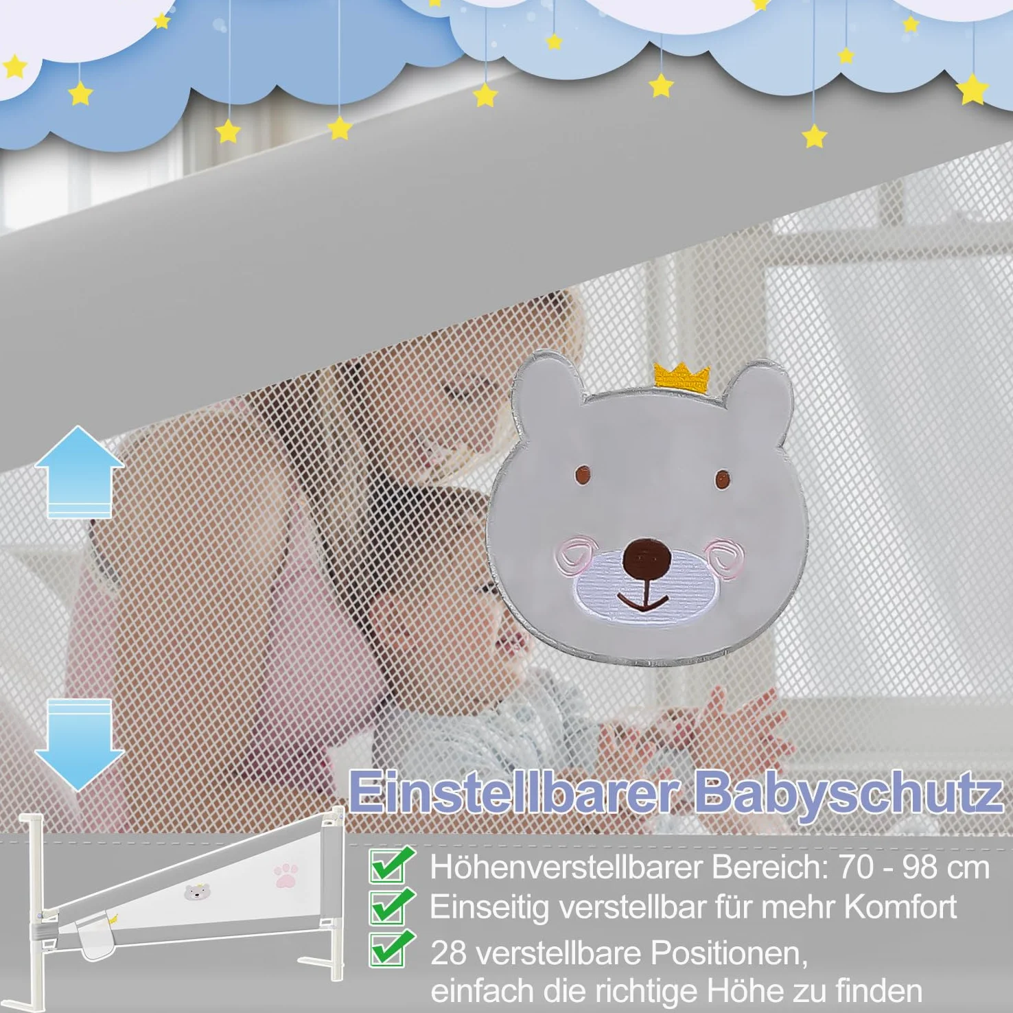Ikodm Griglia di protezione da caduta, 200 cm x 2 + 180 cm x 1 cm, per lettino e letto dei bambini, regolabile in altezza, 70 – 98 cm, grigio