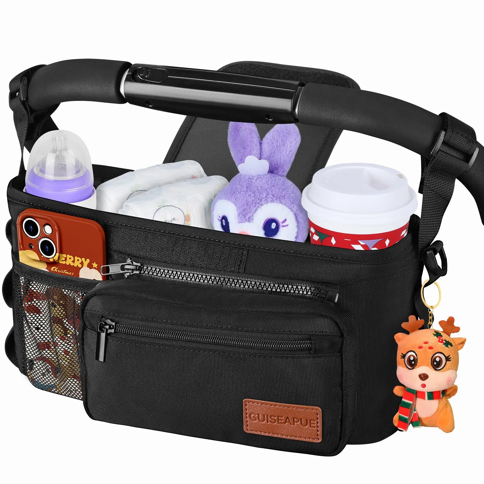 Guiseapue Organizer universale per passeggino con portabicchiere: accessori per passeggino con borsa per telefono rimovibile, adatto per Uppababy, cinghie antiscivolo, accessori per camminatori