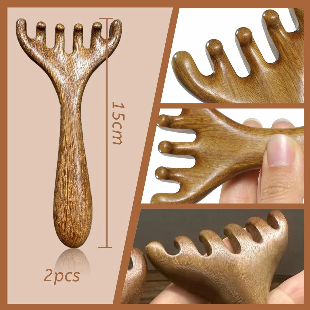 2 Pezzi Pettine per Massaggio del Cuoio Capelluto in Legno,Strumento di Massaggio Linfatico Manuale Raschiato,Pettini in Legno di Sandalo Naturale, per Spa e Relax Terapia