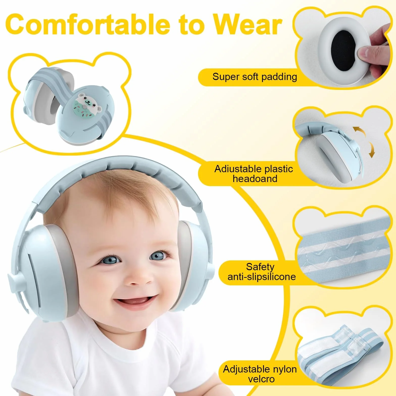 Robofun 2 in 1 Cuffie Neonato Antirumore, Protettori Acustici per Neonati -25dB, Fasce Regolabili, Protezione Acustica Ideale per Neonati fino a 48 Mesi, Confortevoli
