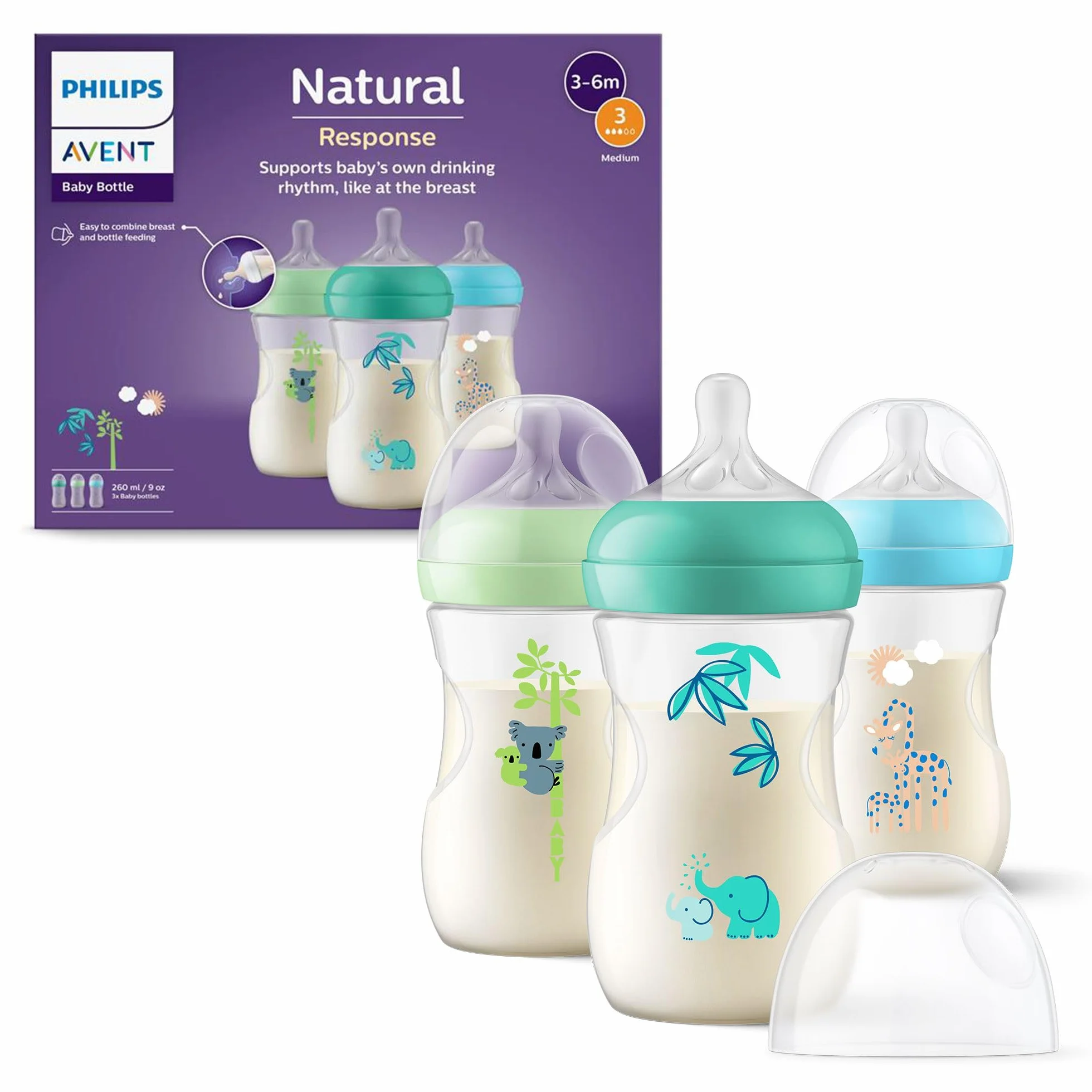 Philips Avent Natural Response Baby Bottle da 260°ml (9 oz) con tettarella a flusso medio (flusso 3), confezione da 3, con design tropicale, SCY903/73