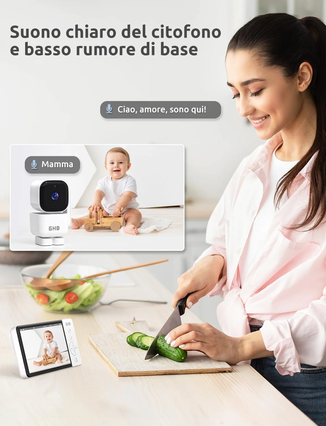 GHB Baby Monitor Video e Audio 5'', 350° Telecamera Rotante 720HD IPS Schermo, 5000mAh, Monitoraggio Temperatura, Visione Notturna, Audio Bidirezionale, VOX, Ninne Nanne