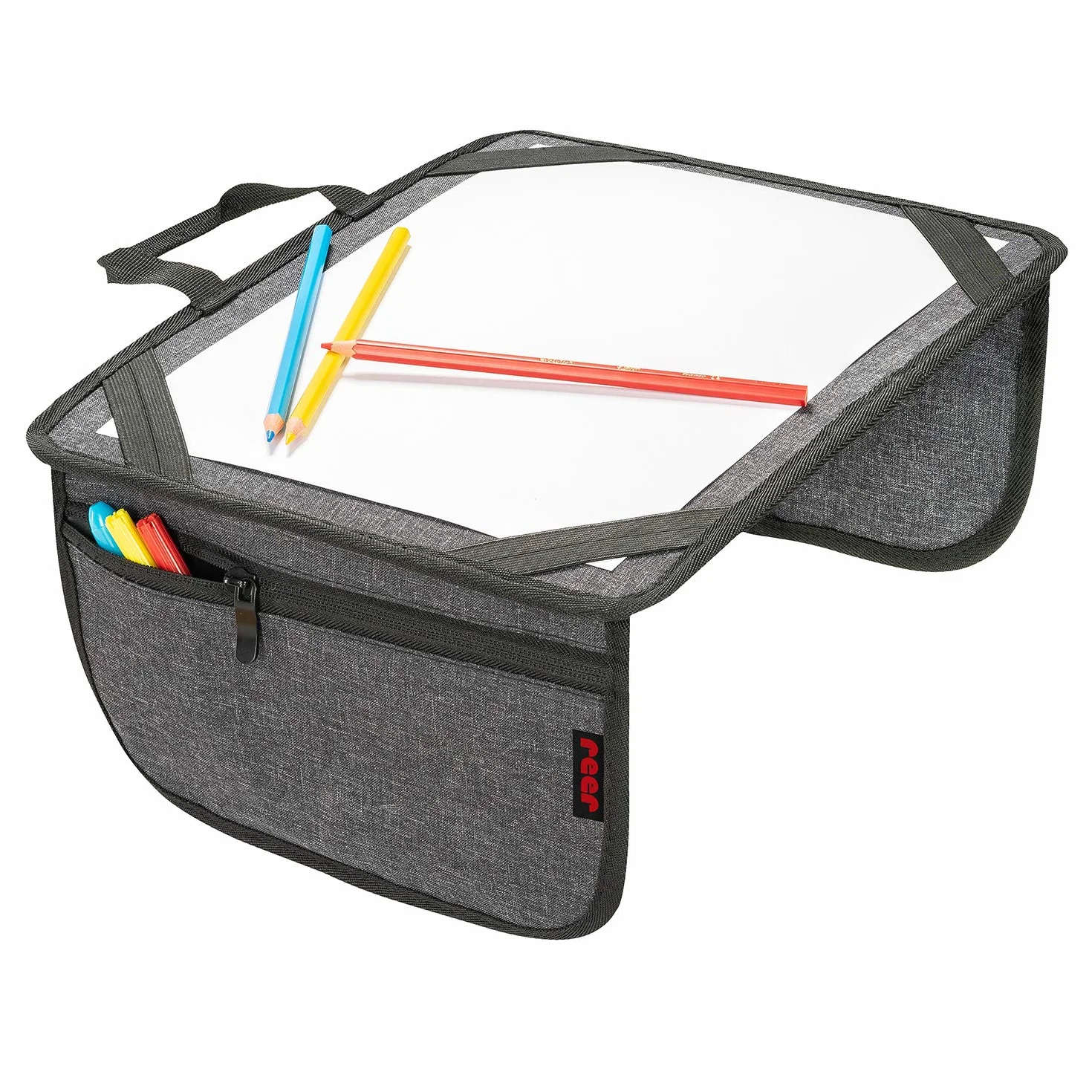 reer TravelKid Play - Kit per colorare per viaggi, leggero e stabile, con tasche pratiche, impermeabile, antimacchia, grigio