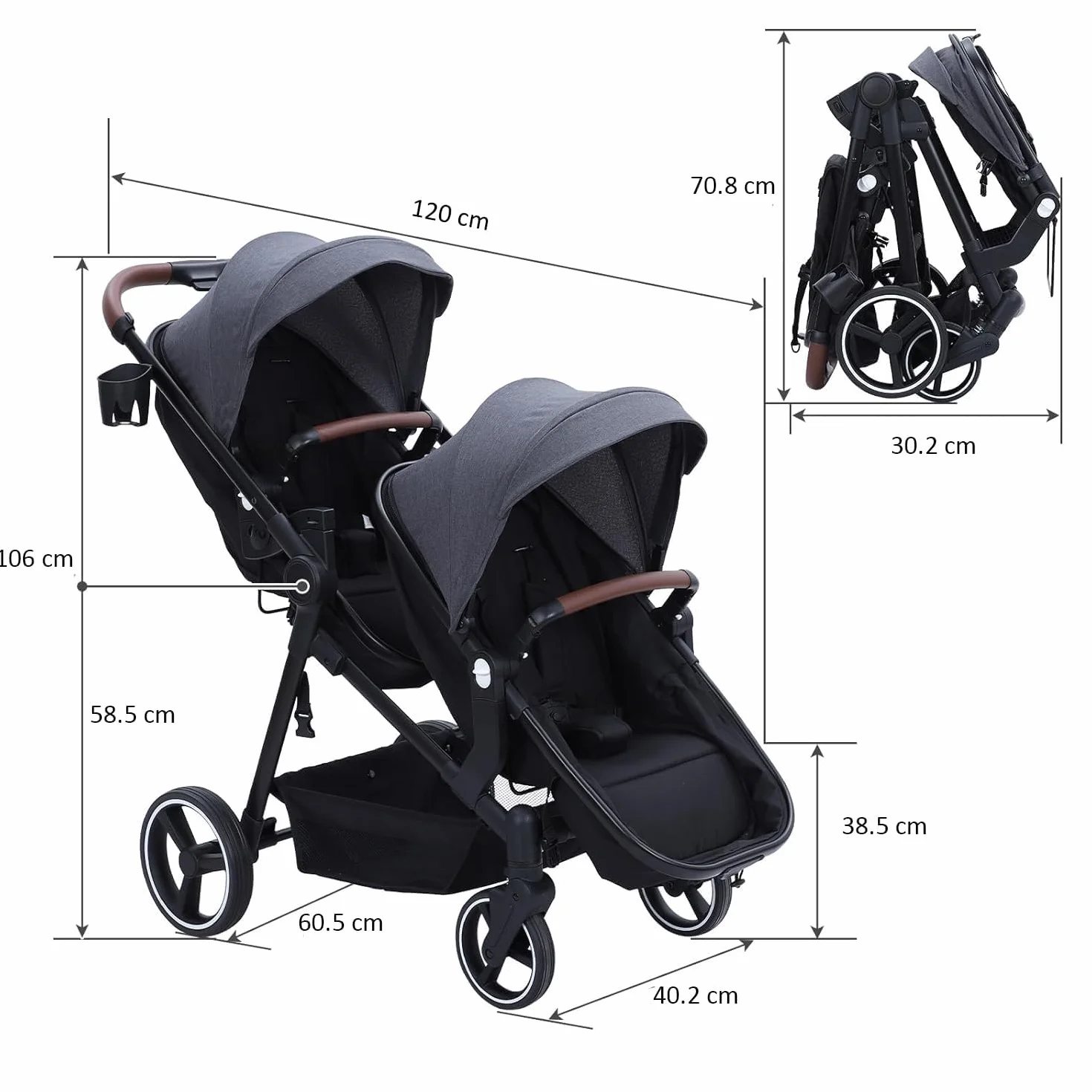 Passeggino Gemellare Doppio Leggero Carrozzina Pieghevole da Viaggio, Passeggino Tandem Compatto Con Sedili Reversibili, Navicella Bambino Carico Max 30 kg Dalla Nascita a 36 Mesi