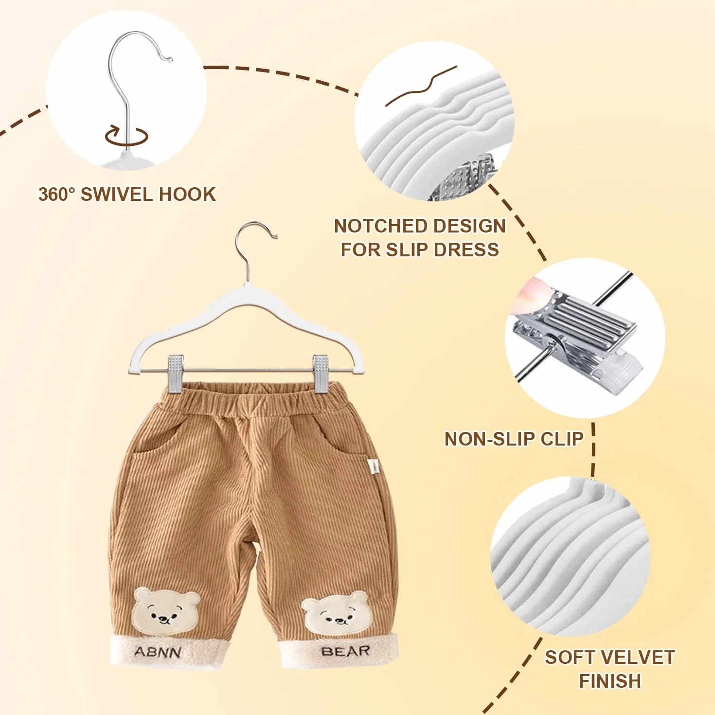 Appendiabiti per Bambini con clip, 30cm Grucce per Bambini con Ganci Girevoli a 360°, Grucce di Velluto Antiscivolo per Camicie, Pantaloni, Gonne, Abiti, Giacche, Cappotti 14 Pezzi (Bianco)