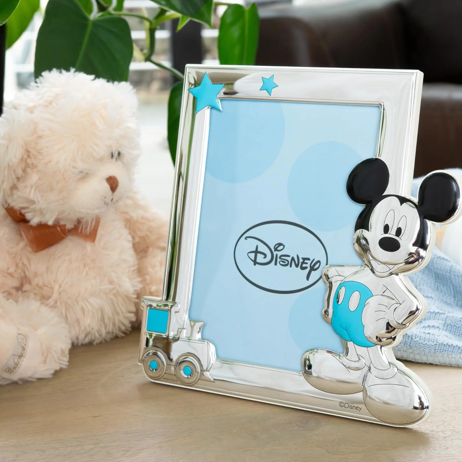 VALENTI & CO. D102 4LC, Disney Baby - Topolino Mickey Mouse - Cornice per Foto in Argento da Tavolo o Comodino per la Cameretta del Bambino perfetta come Idea Regalo Battesimo o Compleanno, azzurro