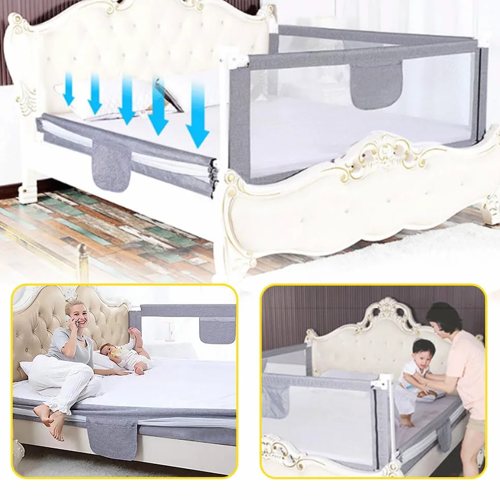 Bed Rail, Barriera del letto per bambini, pieghevole, Barriera di sicurezza per bambini, tessuto a rete/E, 2 m, grigio